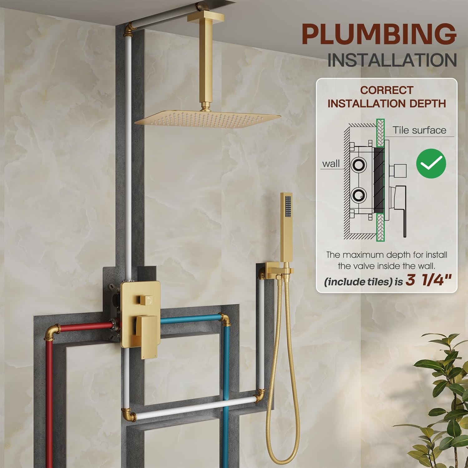 Ceiling Mount Shower Faucet Set, Gold Shower System with 10-Inch Rain Showerhead and Handheld Spray Combo, High-Pressure Showerheads Set with Valve and Trim Kit, Brushed Gold