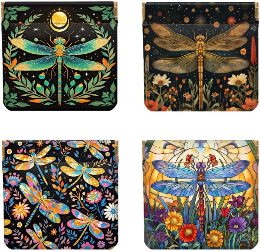 Peacoblue 4Pcs Small Leather Squeeze Coin Purse for Women-Dragonfly Pattern Waterproof & Durable Snap Closure Change Pouch Mini Money Wallet Bag for Adult Teen Girls Best Gift