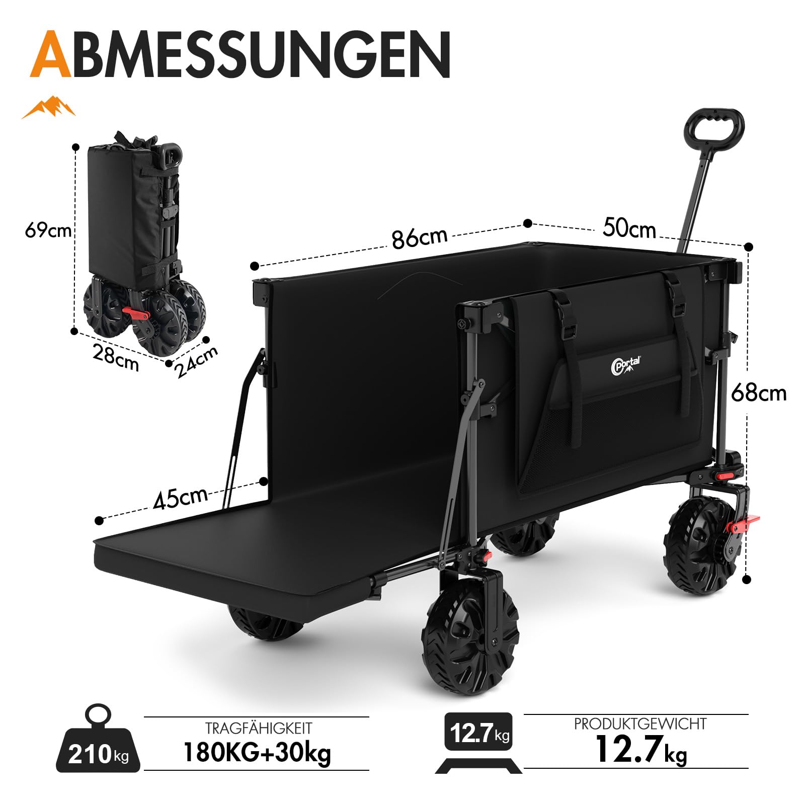 Portal Bollerwagen faltbar 400L XXL Große Ladefläche 210kg belastbar Handwagen mit Faltbarer Heckklappe Transportwagen Leiterwagen klappbar Strandwagen Faltwagen für Garten Camping Festival