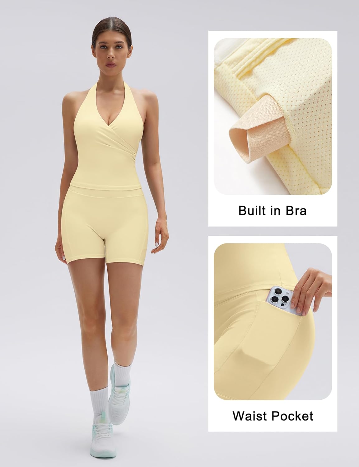 SUUKSESS Women 2 Piece Halter Open Back Workout Sets Padded Tank Top High Waisted Tummy Control Biker Shorts with Pockets - Image 3