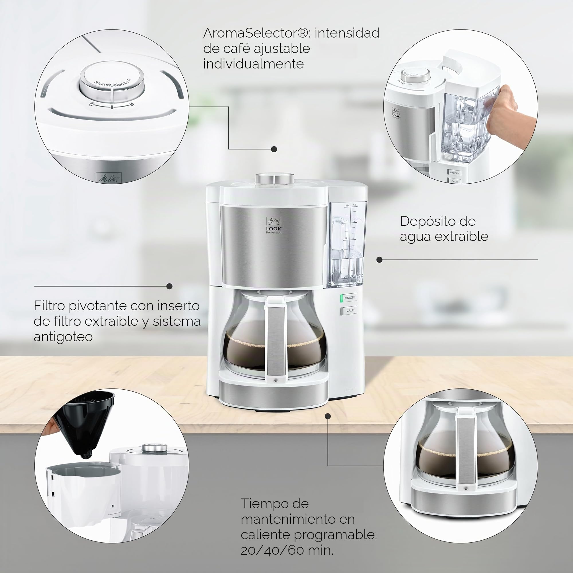 Melitta Look V Perfection 1028-05, Cafetera Goteo, AromaSelector, Jarra de Vidrio, Depósito de Agua Extraíble, Protección 3 en 1 Anti Cal, Moderna, 1,25 Litros, 10 Tazas, Filtros 1x4, 1080W, Blanco