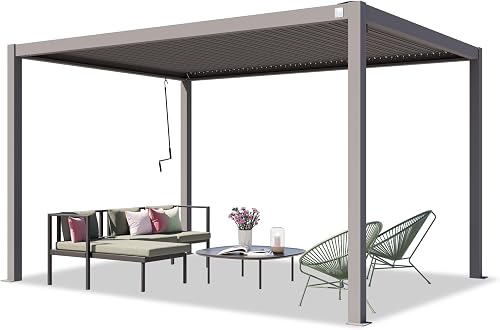 Grey 3x4 m pergola with crank-adjustable louvered roof and posts