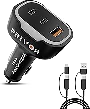 PRIVON 120 W Fast Car Charger with 4-in-1 Multi-Device Cable, 3 Ports (1× USB-A + 2× Type-C), PD & QC Fast Charging – Compatible with iOS & Android Mobile, Tablet, Earbuds, Power Bank & Smartwatch