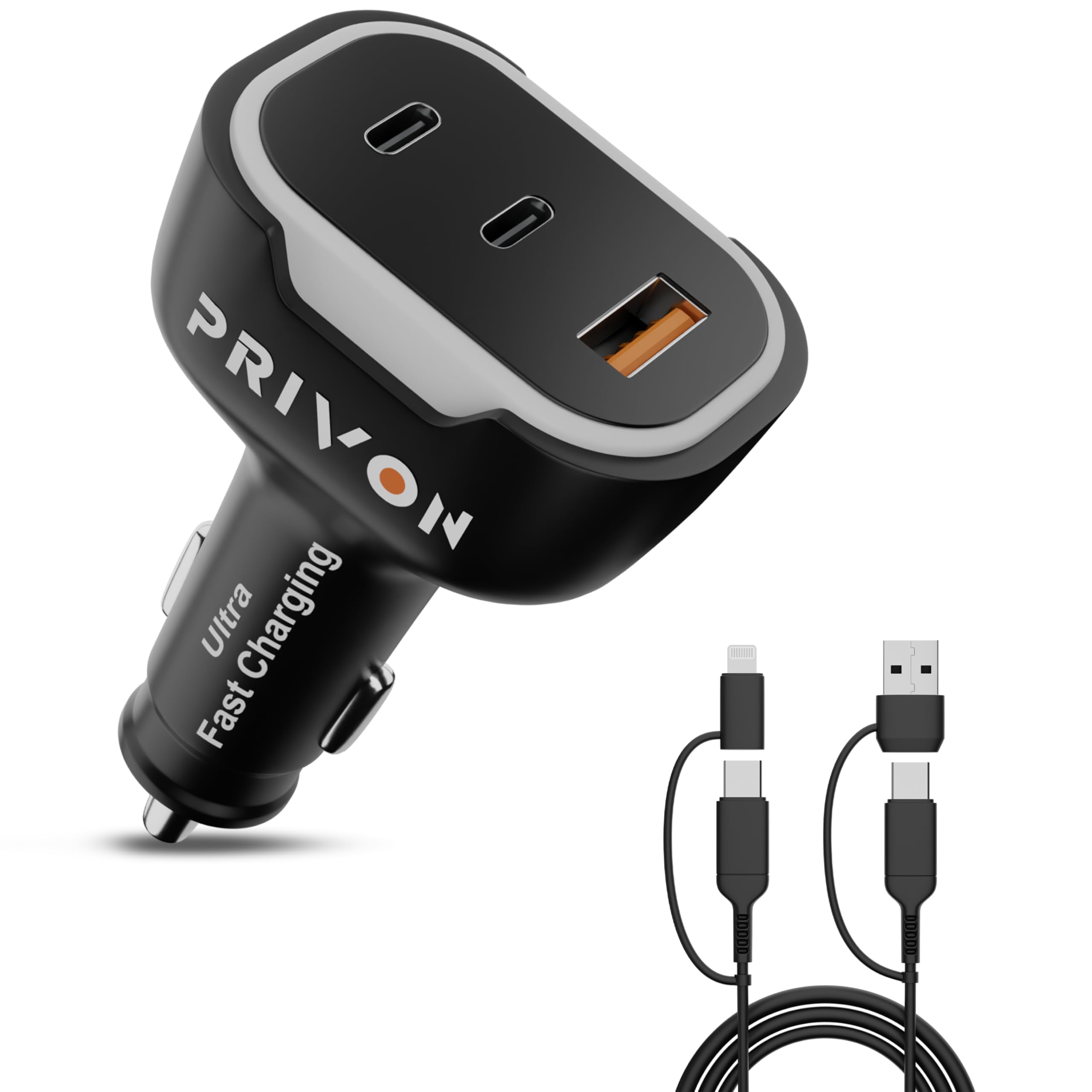PRIVON 120 W Fast Car Charger with 4-in-1 Multi-Device Cable, 3 Ports (1× USB-A + 2× Type-C), PD & QC Fast Charging – Compatible with iOS & Android Mobile, Tablet, Earbuds, Power Bank & Smartwatch-image-22
