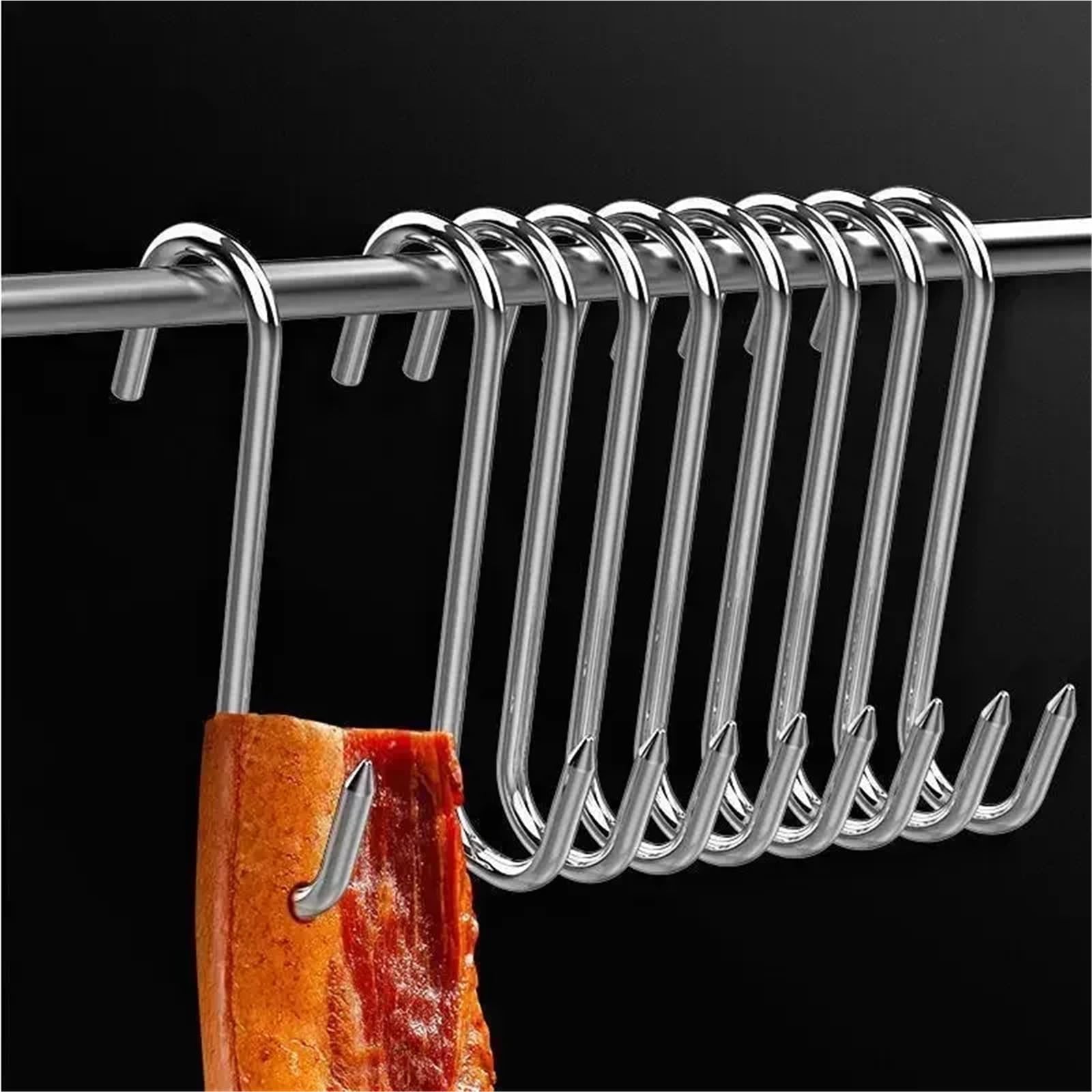 100 ganchos de acero inoxidable con puntas afiladas en forma de S for colgar carne, resistentes, for carnicería, for barbacoa, cerdo, salchichas, tocino y jamones. Para Carnes