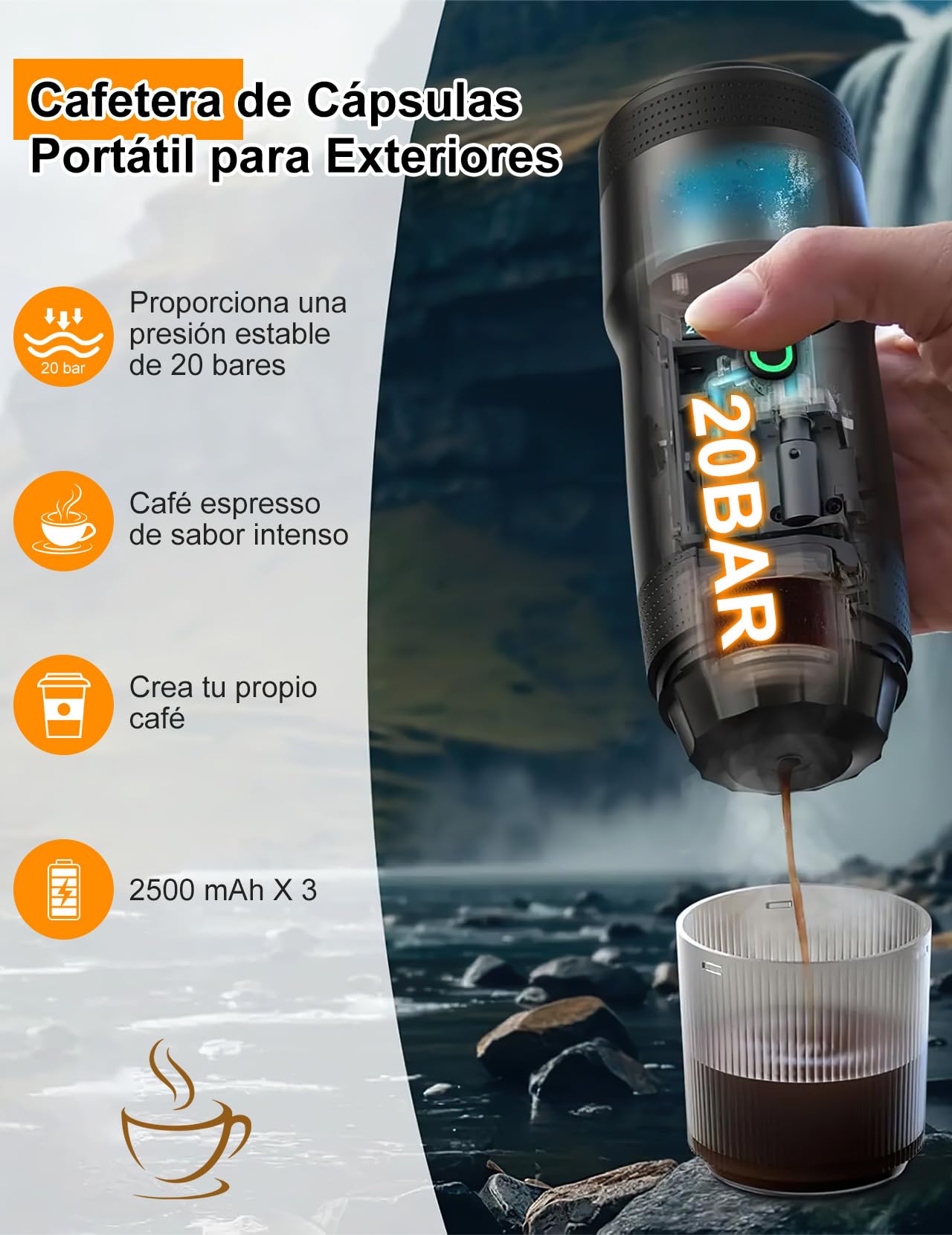 Cafetera Portátil, Cafetera Eléctrica Espresso con Autocalentamiento | 2 en 1 Compatible con Café Molido y Cápsulas de Café para Acampar, Hacer Senderismo y Viajar