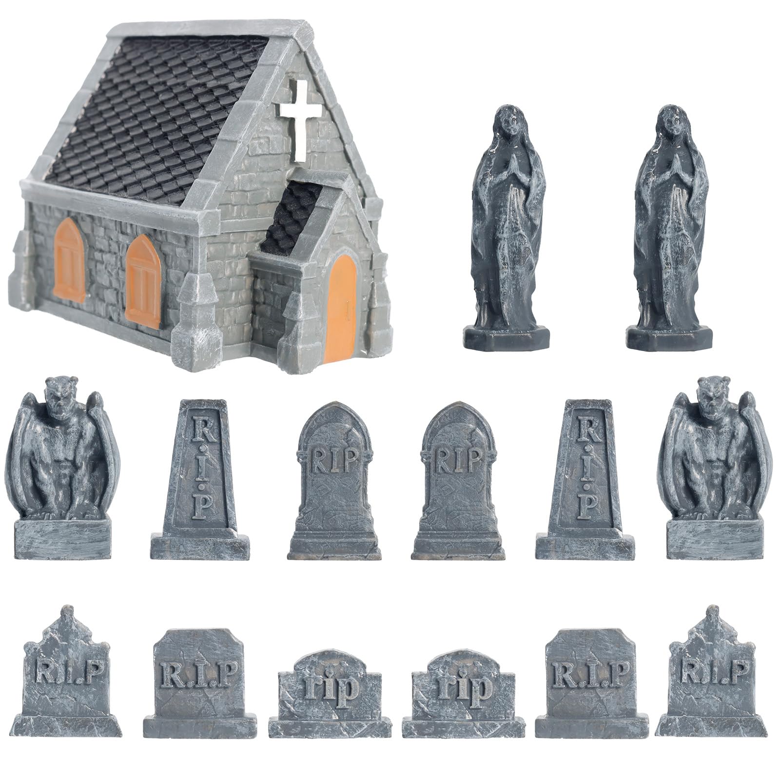 Photo 1 of ***MISSING ASSEMBLY PIECES*** Rileryan 15 PCS Miniature Church Tombstones Gargoyle Virgin Figurines DIY Graveyard Scenes for Halloween Village Decorations Accessories Cemetery Terrain Scenery