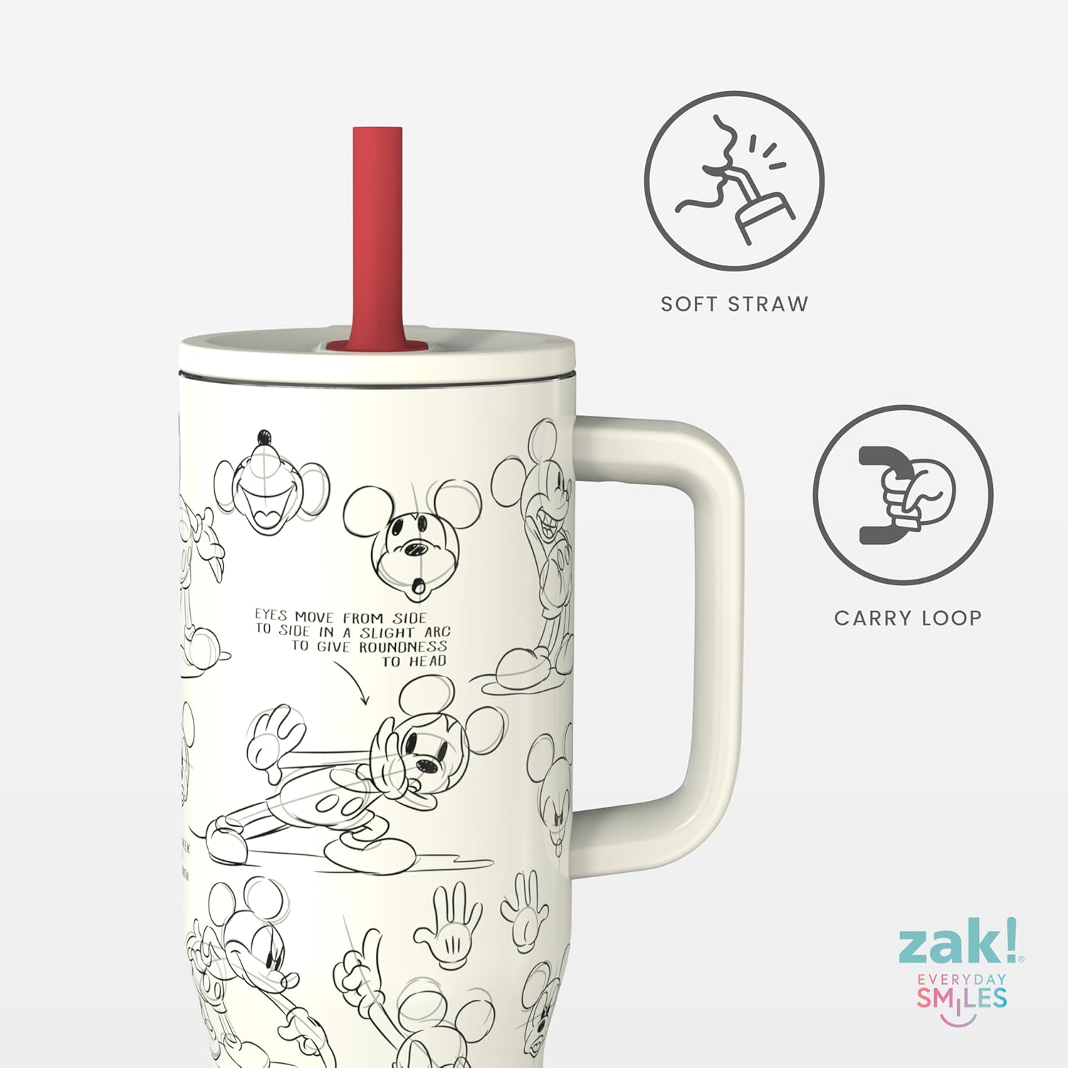 Zak Designs Disney Sutton Travel Tumbler for On the Go, 30oz Stainless Steel with Vacuum Insulation, Silicone Straw, and Carry Handle for Cold Drinks (Mickey Mouse Sketch) - Image 2