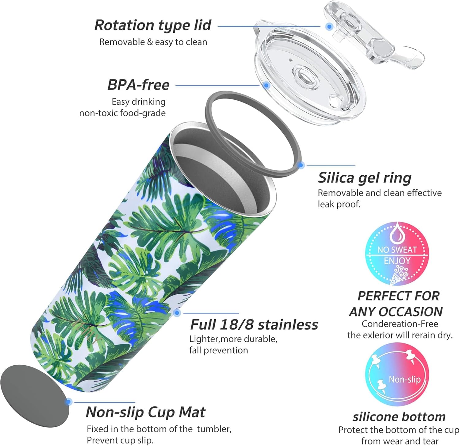 THILY Tumbler Stainless Steel Coffee Cup 26 oz Triple-Insulated Travel Mug with Splash-Proof Lid, for Ice Drinks and Hot Beverage Smoothies Cup, Green Plants - Image 4