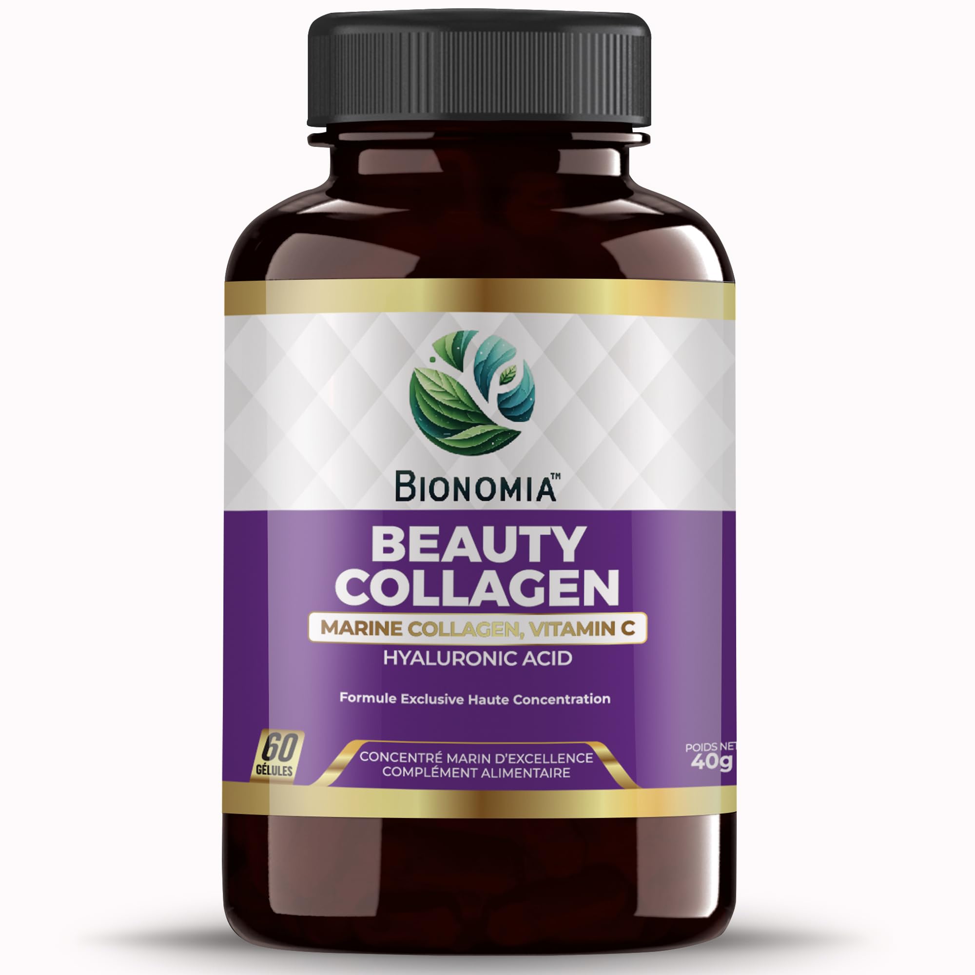 Beauty Collagen 900mg - Collagène Marin Hydrolysé Naticol + Acide Hyaluronique 100mg + Vitamine C - Peau Cheveux Ongles - 60 Gélules Végétales Sans Excipients - Testé en Laboratoire