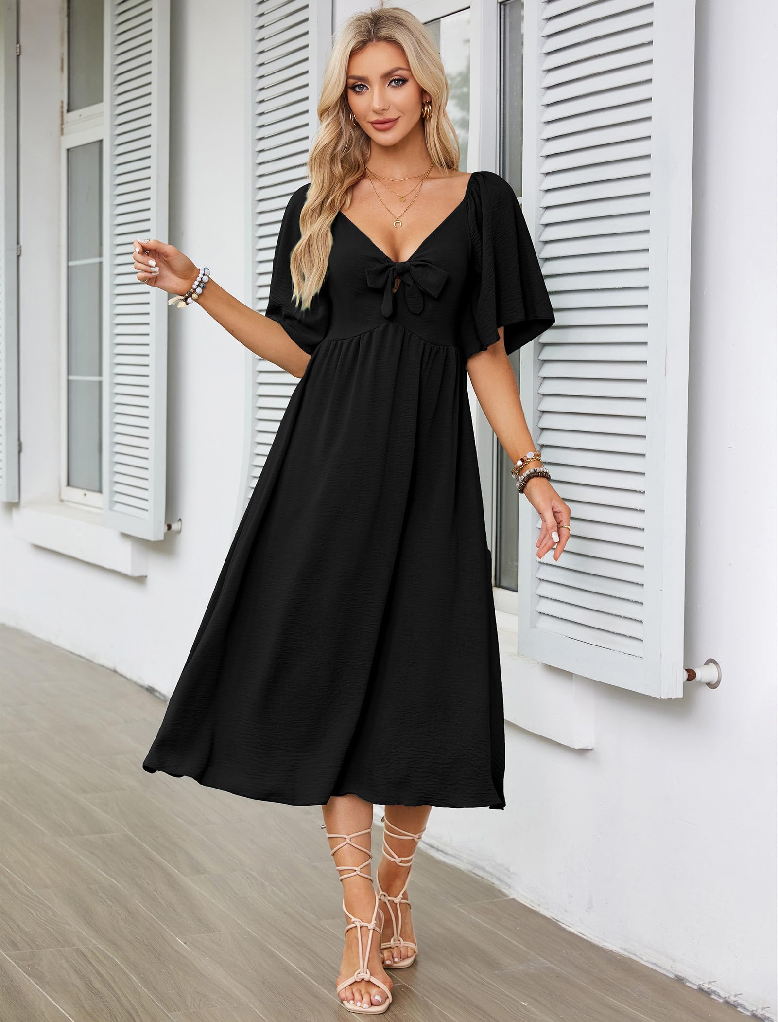 IDOPIP Kleid Damen Sommer Kurzarm Freizeitkleid mit Fliege Einfarig V-Ausschnitt Midikleid A-Linie Partykleid Cocktailkleid Elegant Festlich Hochzeit