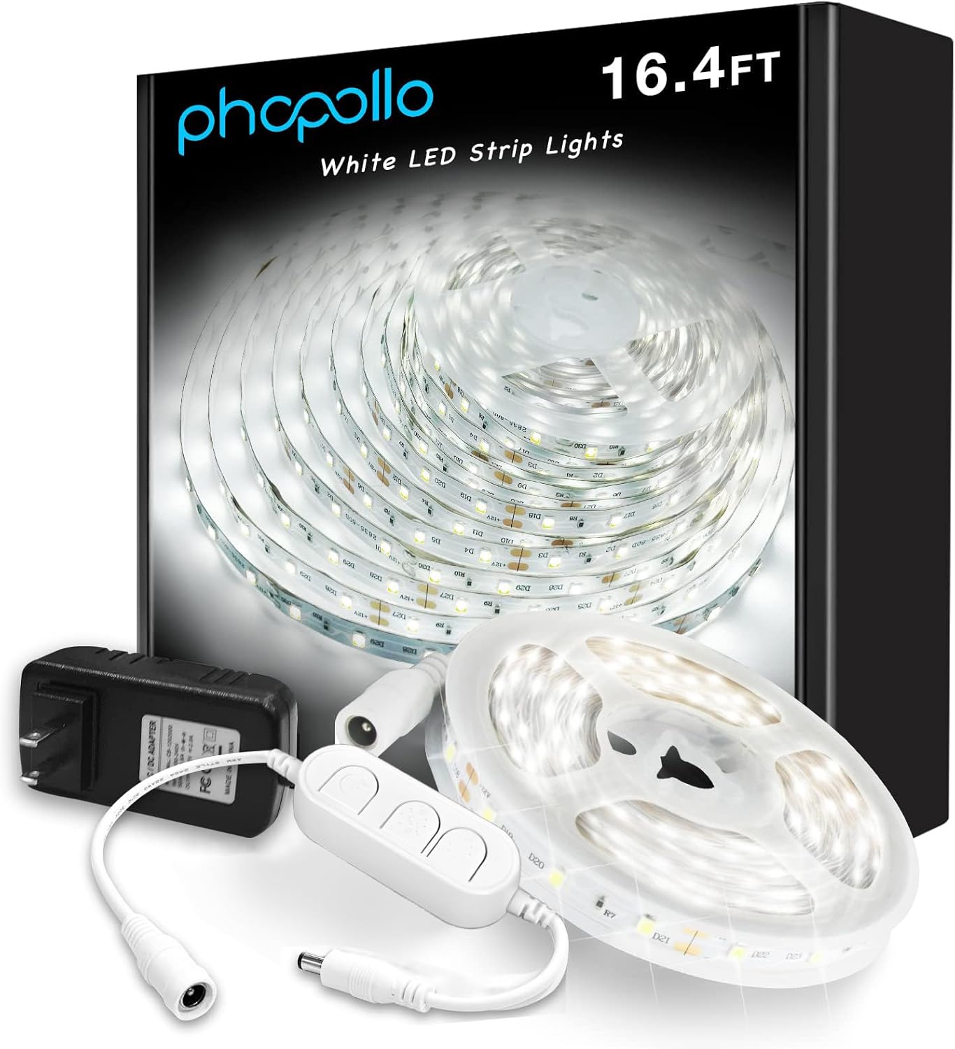 phopollo White LED Strip Lights, 16.4ft Dimmable 6500k Daylight White Led Light Strip, 300 LEDs Flexible Led Lights for Bedroom, Mirror, Kitchen Decoration