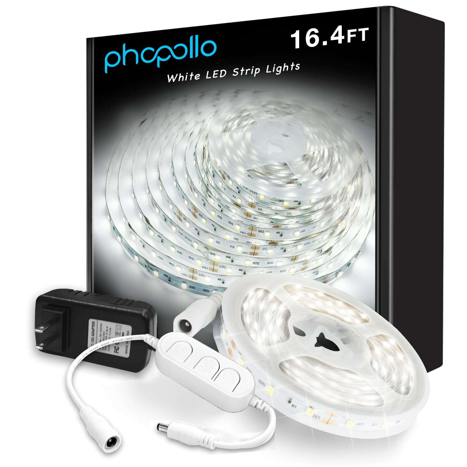 PHOPOLLO - Striscia di luci a LED bianche, 16,5 piedi, dimmerabile, 6500 K, luce diurna, 300 luci a LED flessibili per camera da letto, specchio, decorazione della cucina