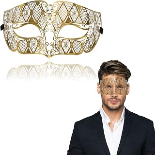 Qavctw Retro Metal Masquerade Mask for Men Women Shiny Rhinestone Mask Mardi Gras Mask Half Face Mask