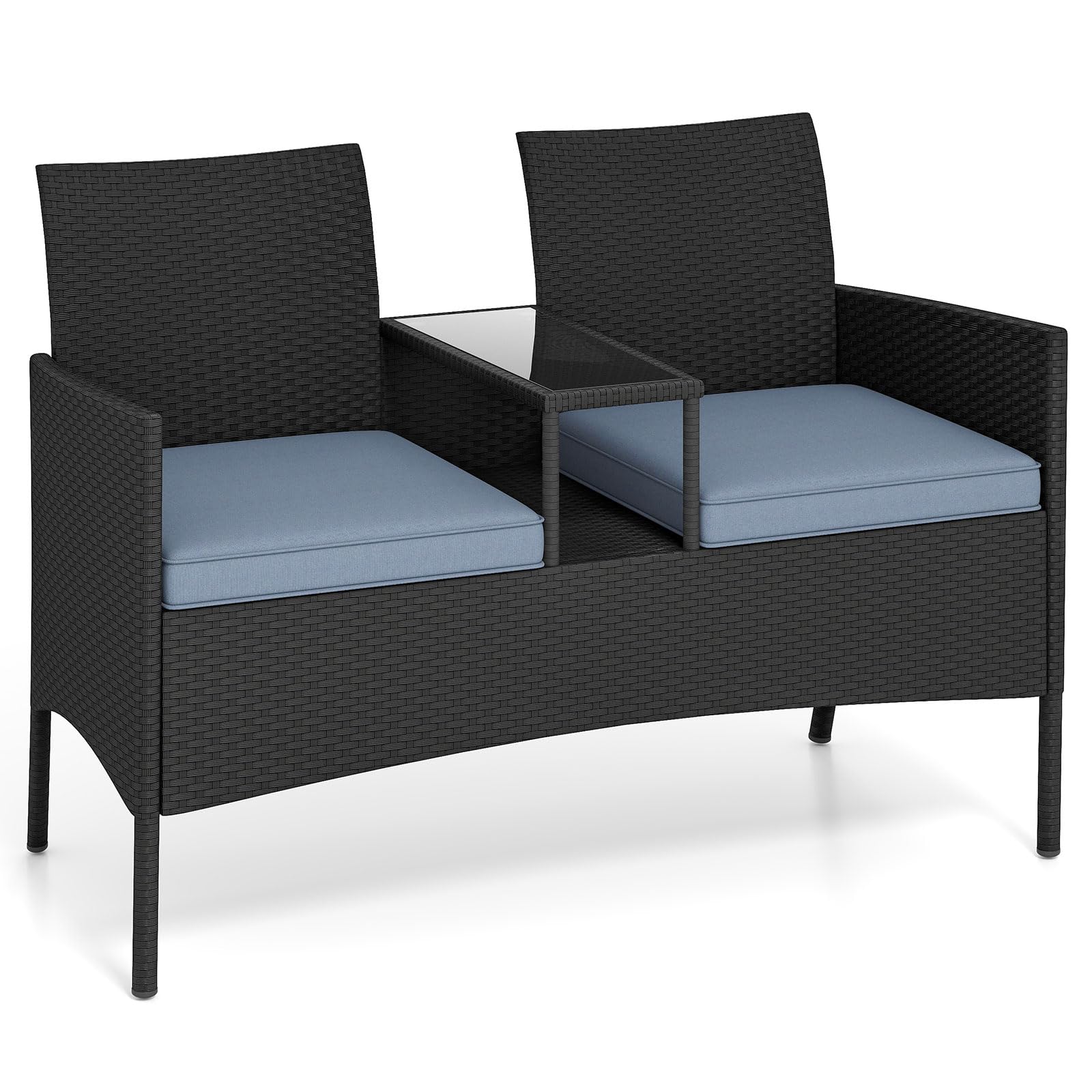 COSTWAY 2-Seater Rattan Chair with Glass Coffee Table and Removable Cushion, Outdoor Garden Patio Wicker Loveseat Conversation Furniture Set Partner Bench (Black + Grey)