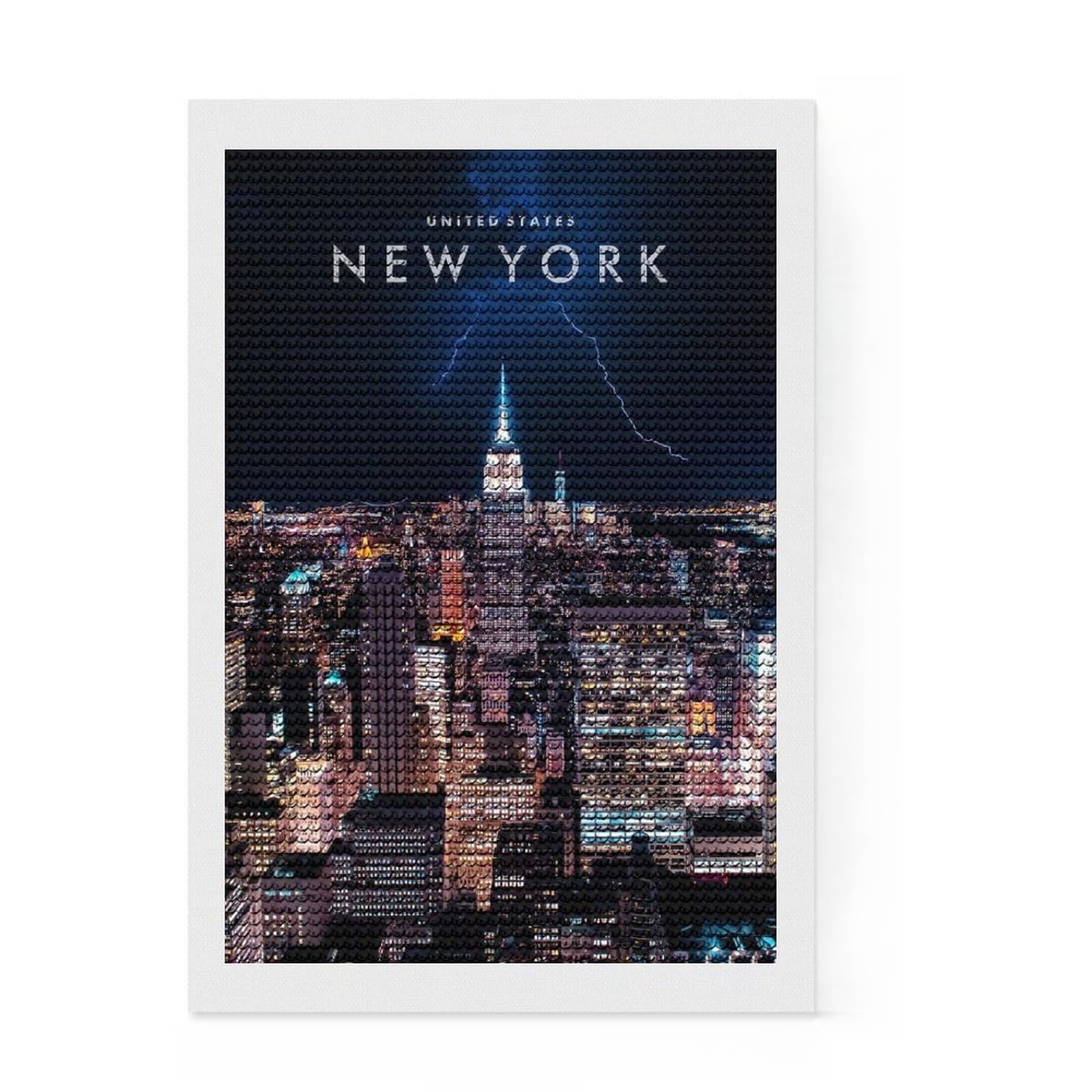 Junmoney New York City Night Diamond Painting Set 8"x12", for Teens, Home Decoration, Detailed Printed Canvas, Canvas Picture, Winter Craft