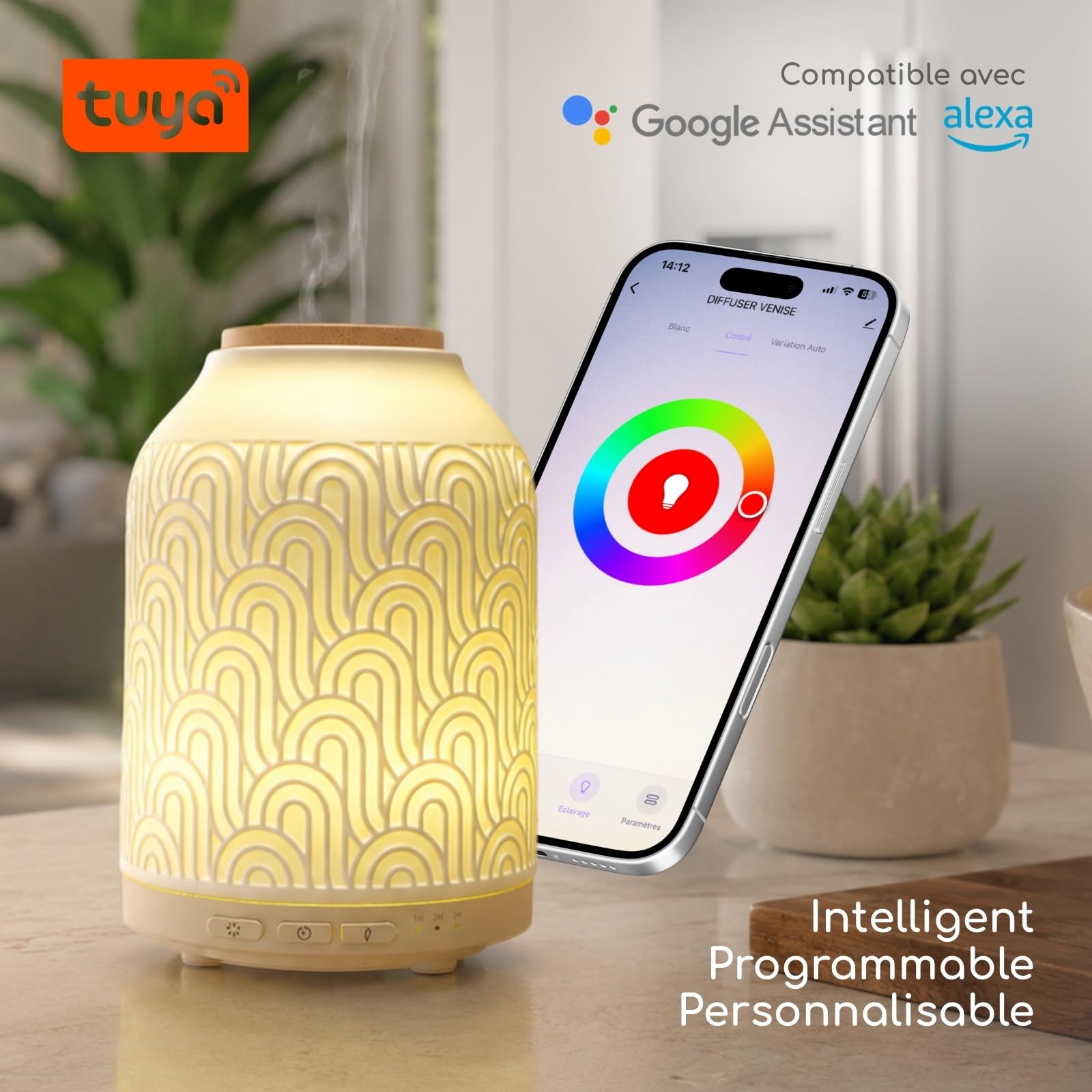 Zen'Aroma Difusor de Aceite Esencial WiFi Praga - Difusor Eléctrico Conectado Compatible Alexa/Google Home - Control Total Remoto en la App Tuya Smart - Materiales Naturales Madera y Cerámica