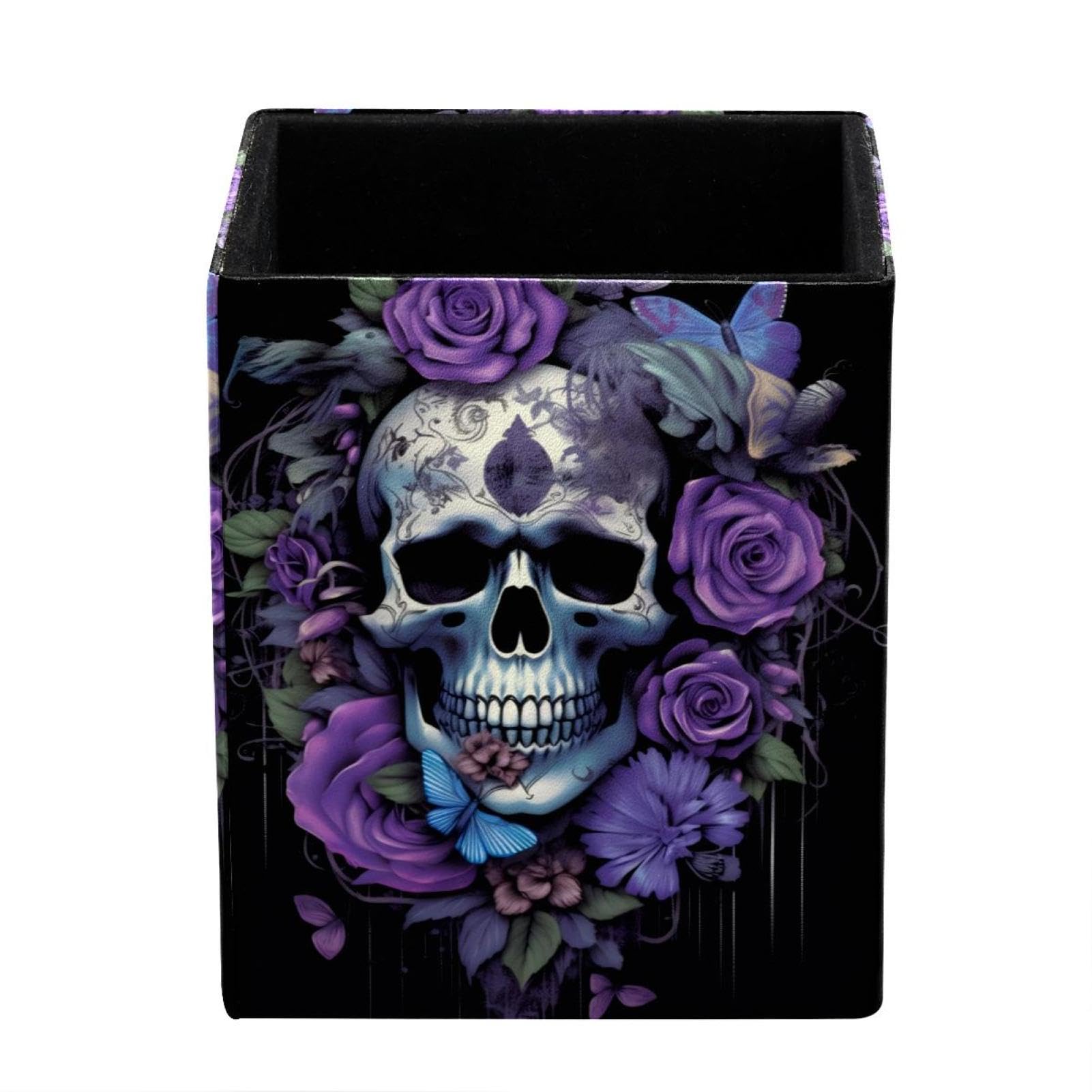 FWJZDSP Pencil Holder, Skull Floral Pen Cup Makeup Brush Holder, Desktop Organizer Storage Case Stationery for School Home Office Supplies
