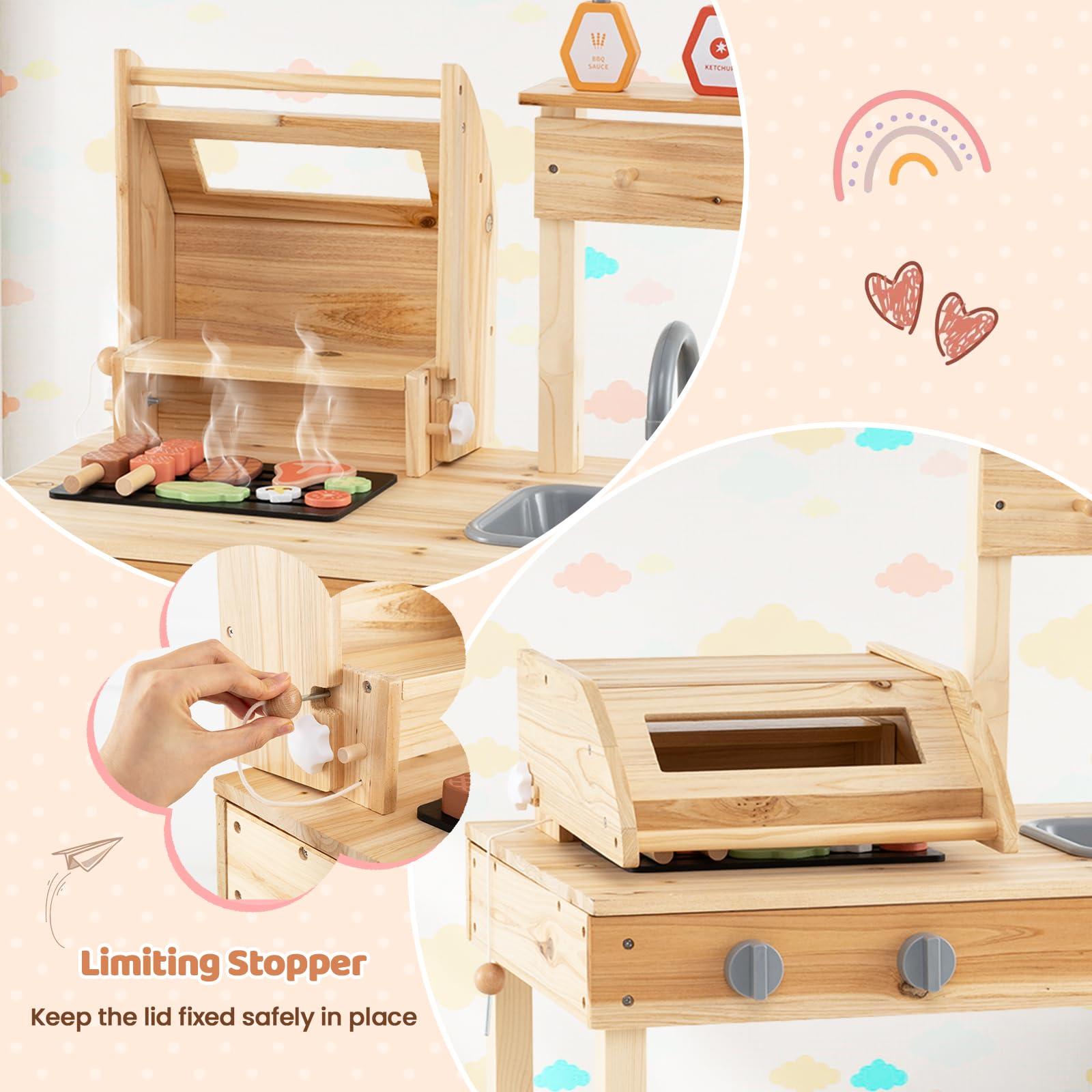 HONEY JOY Mud Kitchen, Fir Wood Outdoor Kids Barbecue Grill Playset, Play Food & Grilling Tools, Sink & Faucet, Storage Shelf, Cooking BBQ Pretend Play Kitchen for Toddlers, Natural