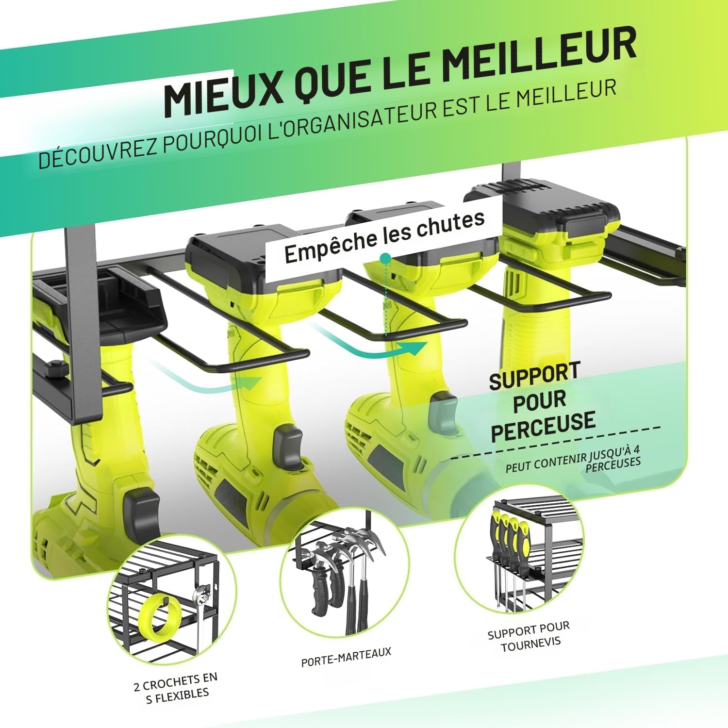 Weldun Lot de 2 organisateurs muraux pour outils électriques, porte-outils pour 4 perceuses, 3 emplacements, avec support de tournevis latéral pour garage, atelier