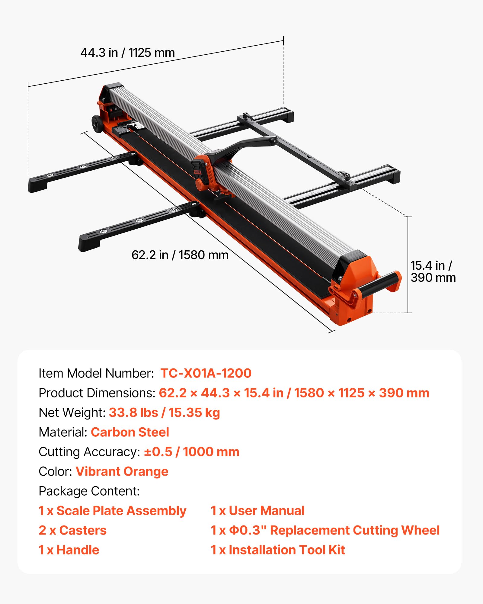 VEVOR Cortadora de Azulejos Manual 1200 mm, Capacidad de 50 kg, Corte Recto y Diagonal con Guía de Alineación, Riel de Aluminio, 2 Ruedas de Corte 8 y 22 mm para Baldosas Obras Pared Suelo Cerámica