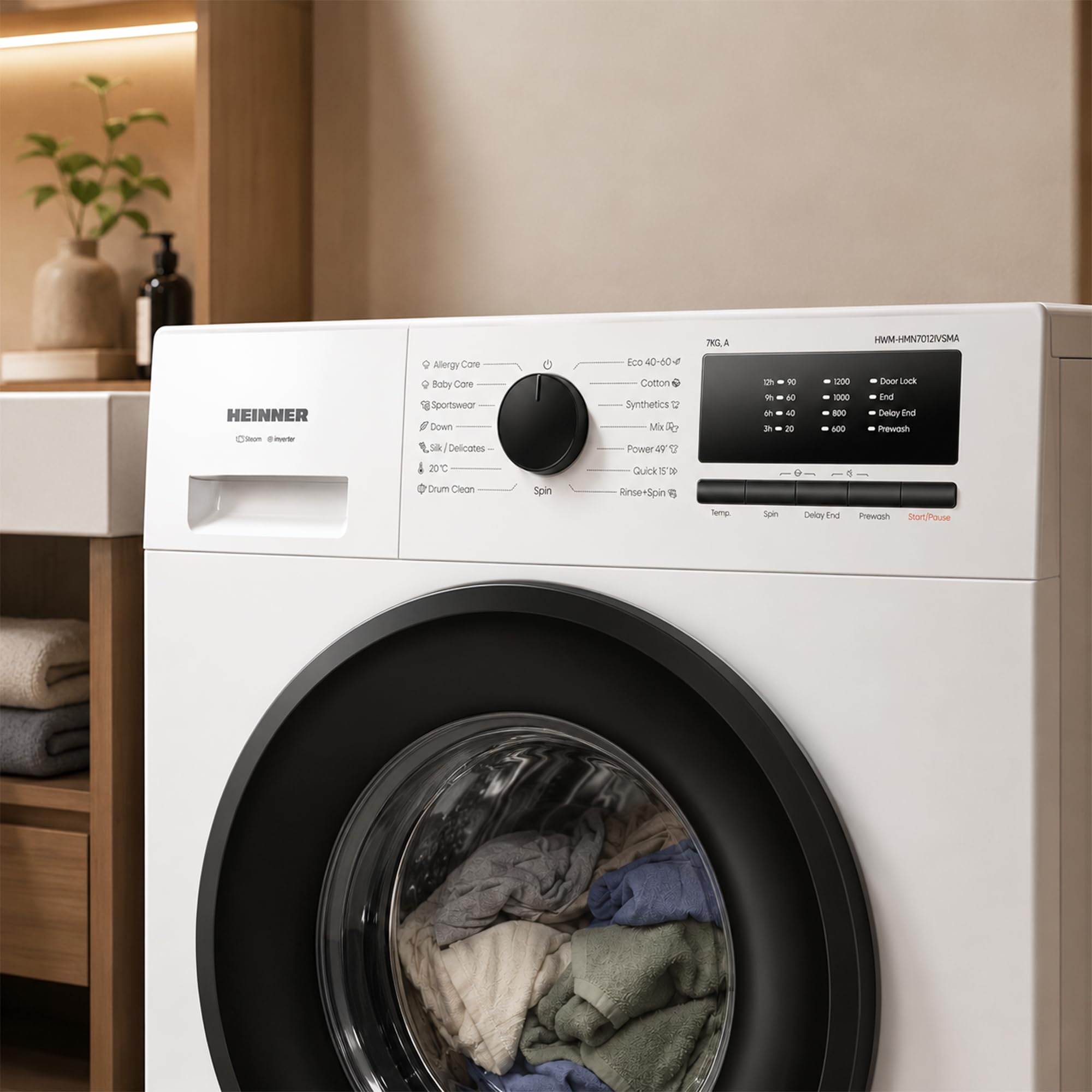 Waschmaschine 7 kg Slim Frontlader nur 38,5 cm tief, 1200 U/min, Inverter Motor, 15 Programme inkl. Steam Care, Energieklasse A, Quick 15', Kindersicherung, Weiß, HWM-HMN7012IVSMA