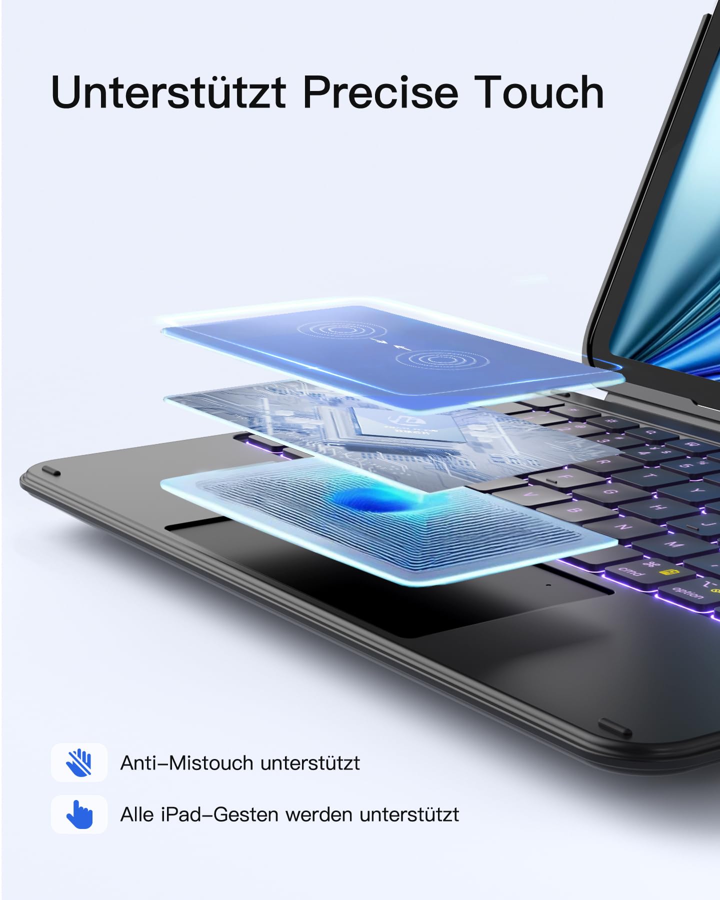 Inateck Hülle mit Tastatur Ultraleichte für iPad 11 (A16 2025)/10 Gen,iPad Air 11" M4/M3/M2 (2026/2025/2024),Air 5/4,Pro 11 4/3/2/1,Abnehmbar,7FarbigerBeleuchtung,Tarckpad,QWERTZ,AceTouch KB04122-RGB