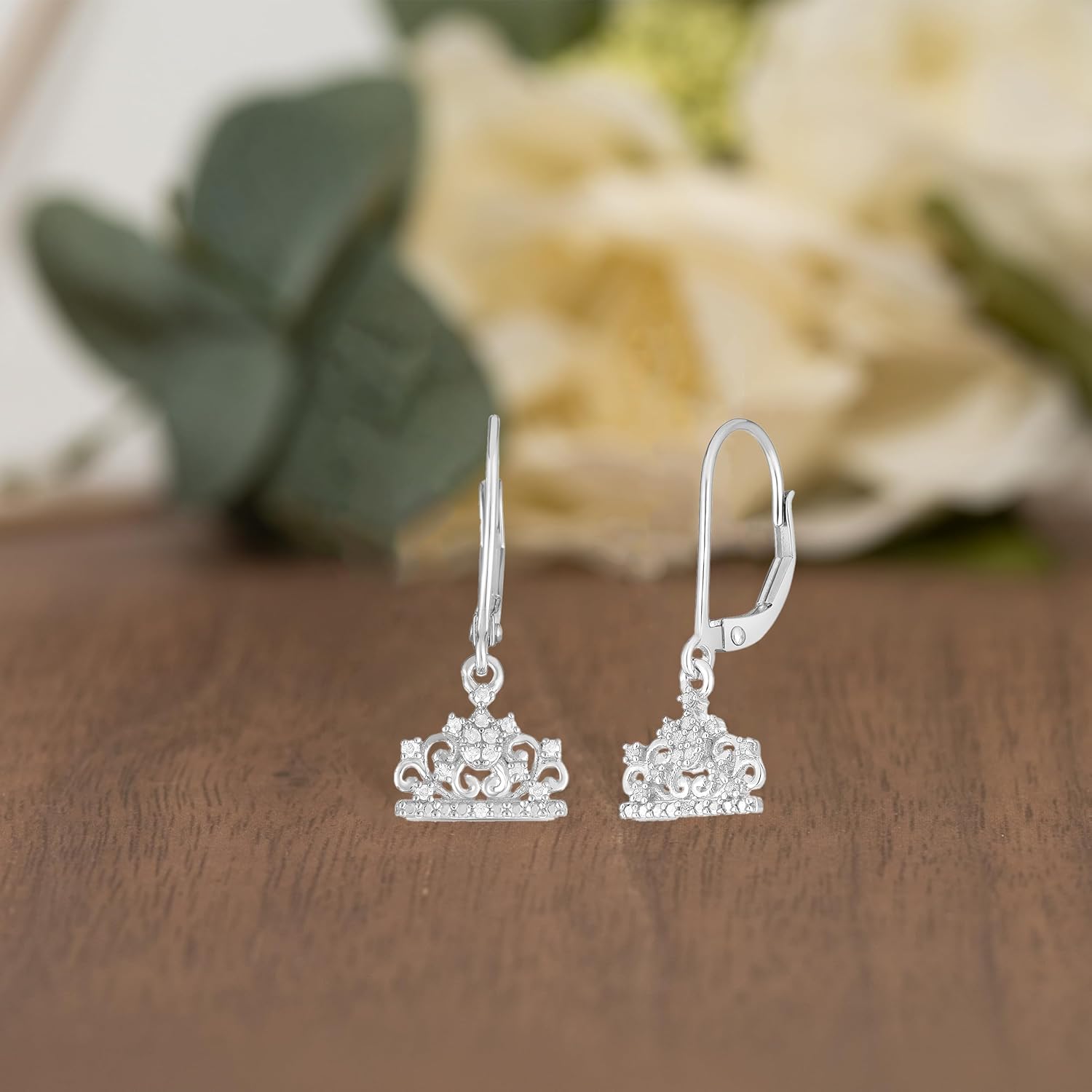 Natalia Drake 1/10 Cttw Diamond Tiara Crown Dangle Earrings for Women in Rhodium Plated 925 Sterling Silver (H-I /I1-I2)