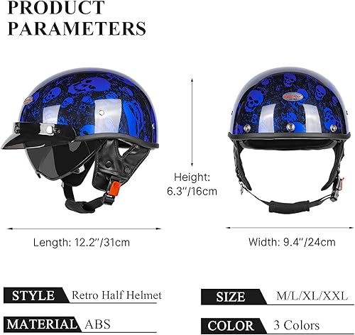 Miniatura 6 de Medio casco retro para motocicleta con visera retráctil para el sol, certificado por DOT, cascos de cara abierta vintage para hombres y mujeres para