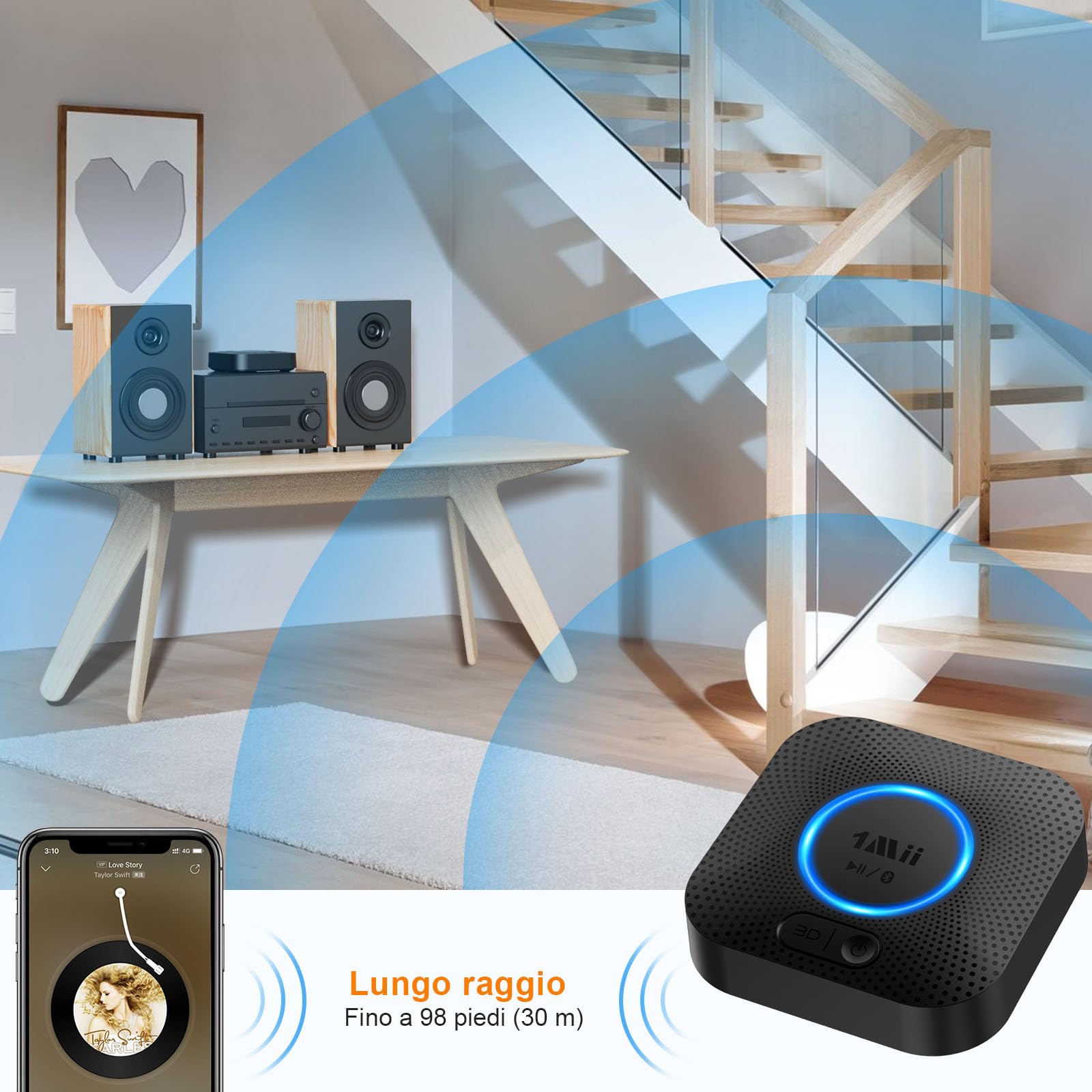 1Mii Ricevitore Bluetooth 5.3, Adattatore Audio Bluetooth HiFi con Jack AUX 3.5mm e RCA, 3D Surround e aptX HD, Wireless per Amplificatore, Stereo Casa, Lungo Raggio 50m