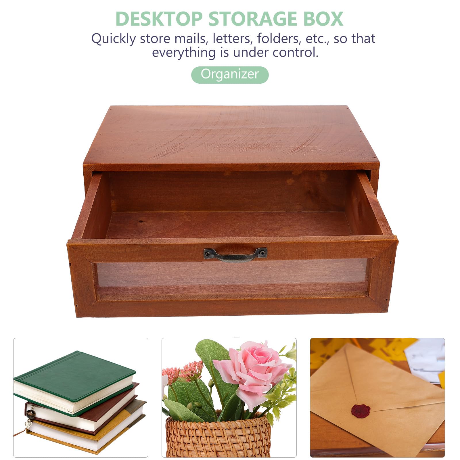 Ipetboom Organizer da Scrivania Cassetto Portaoggetti e Supporto per Monitor in Legno e Vetro Stile Retrò Marrone, per Ufficio e Decorazione Desktop