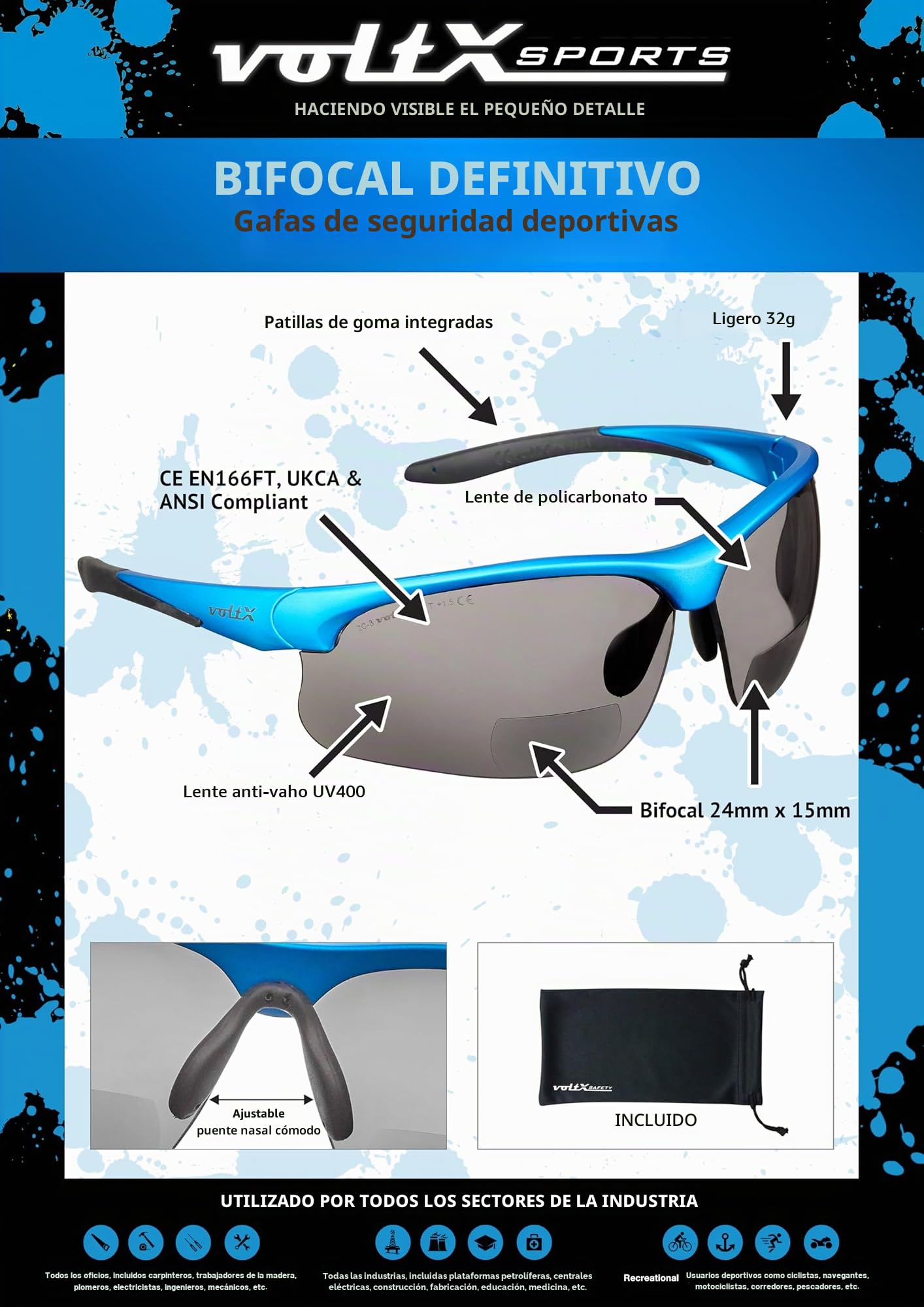 voltX ULTIMATE SPORTS Gafas Seguridad Bifocales | Montura azul. Certificadas CE EN166FT. Lentes UV400 antivaho. Bolsa de microfibra incluida.