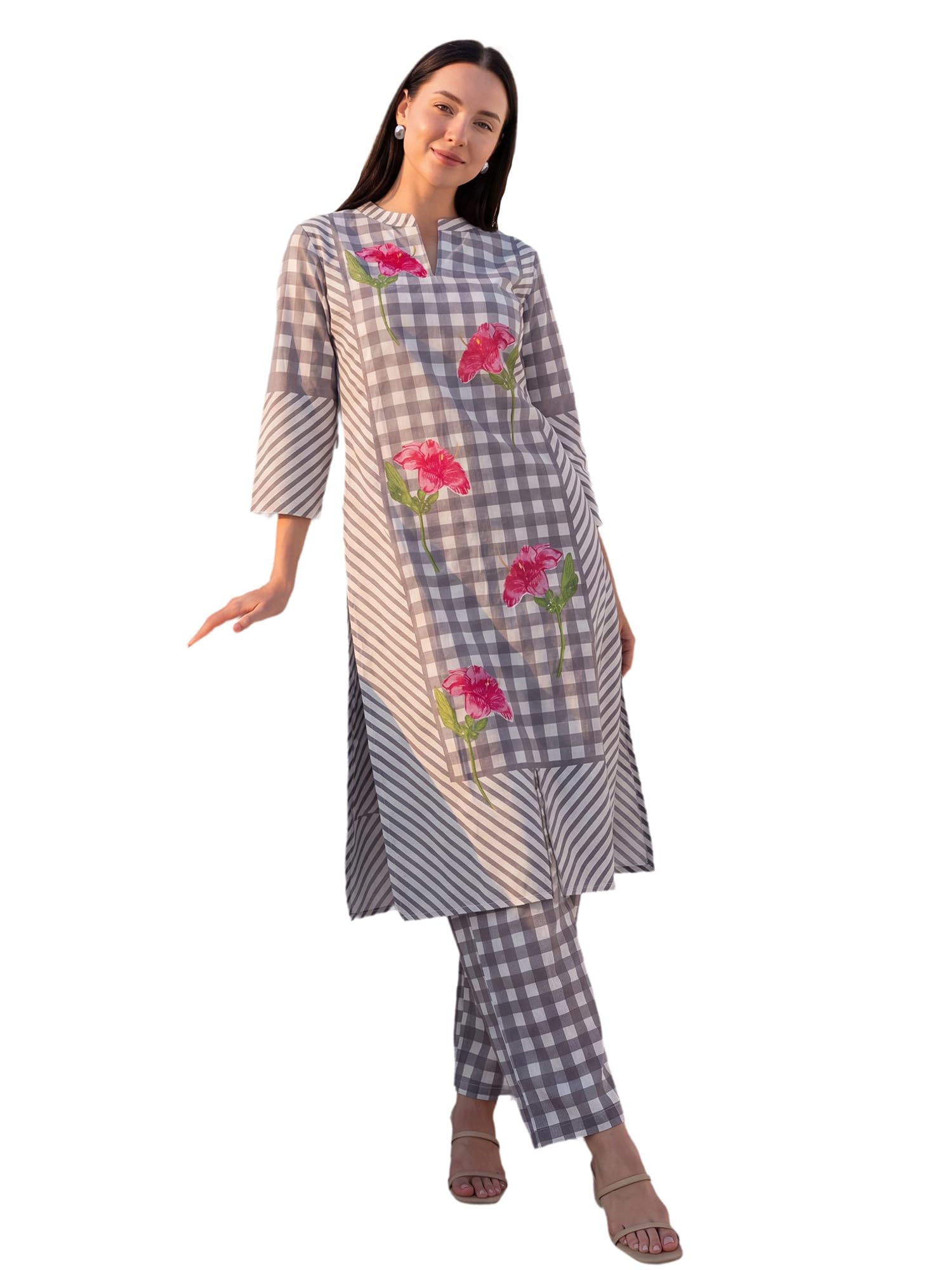 indo era Women's Pure Cotton Checked Printed Kurta & Pant Set | Co Ord Set For Women Stylish-picture-56