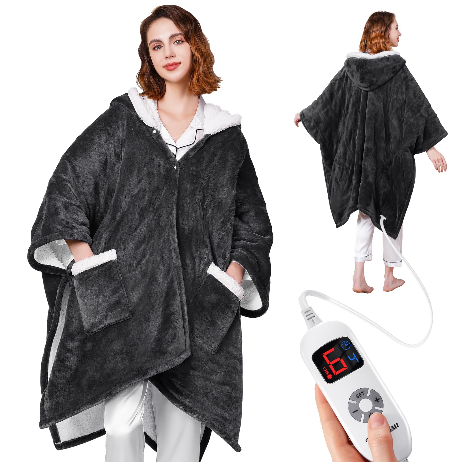 Heated Blanket Throw Wearable - Reversible Flannel & Sherpa Electric Wrap with Pockets and Hood, 6 Heating Levels, 1-4H Timer & Auto Off, ETL Certified, Machine Washable, 50"x70", Grey