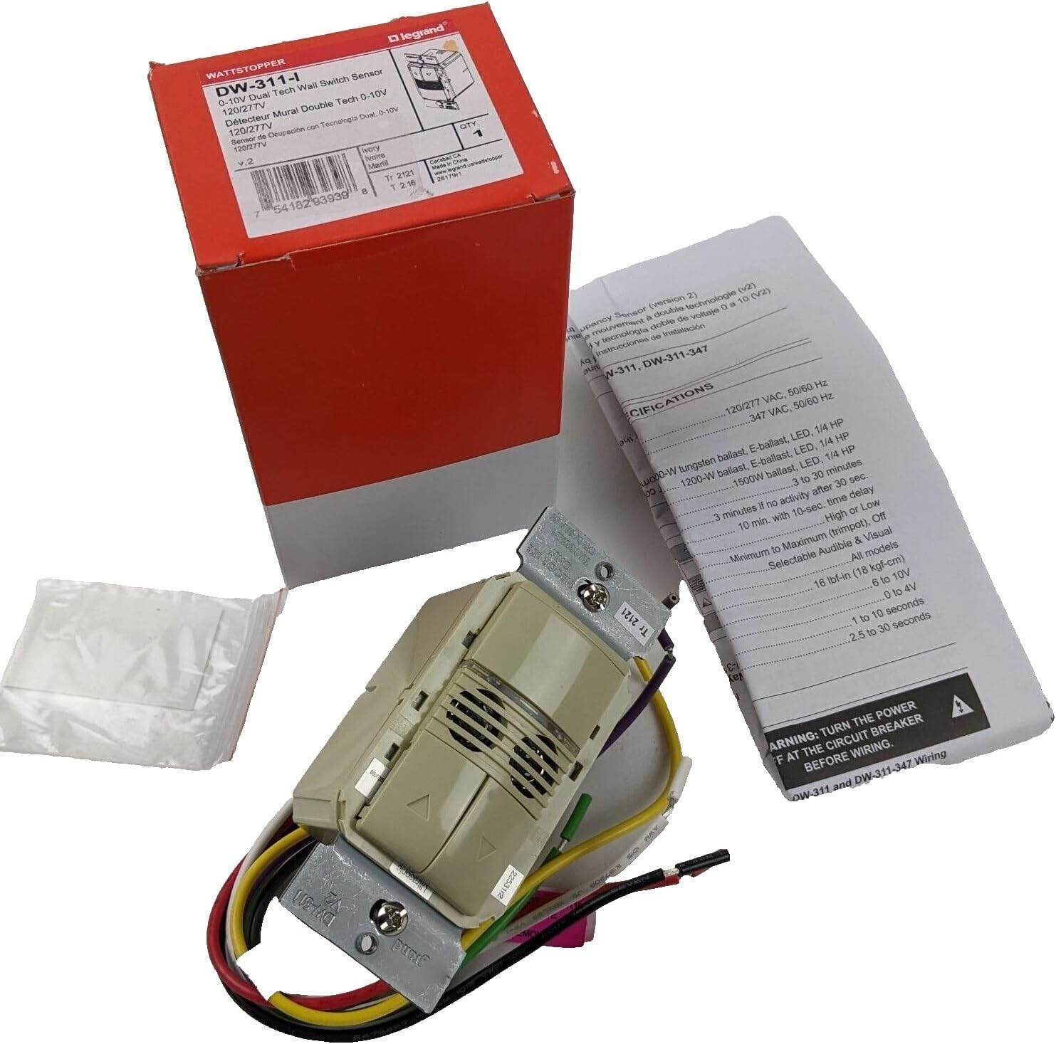 1- WATTSTOPPER DW-311-I DUAL TECHNOLOGY 0-10 VOLT DIMMING WALL SWITCH OCCUPANCY SENSOR