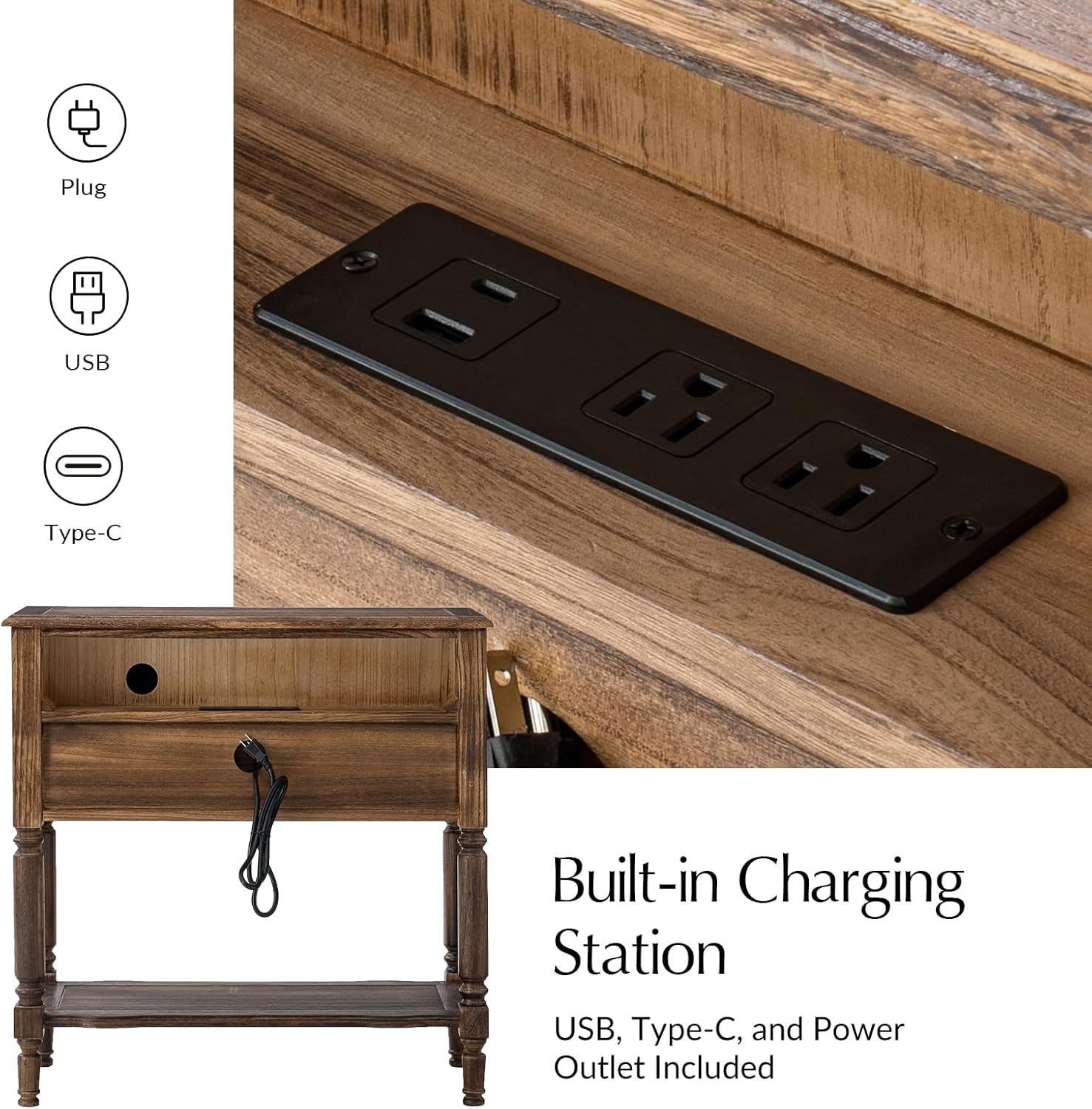 HULALA HOME End Table with Charging Station, Solid Wood Side Table with 2 Drawers & Open Shelf, Vintage Finish, Spindle Legs(Walnut, Set of 2)