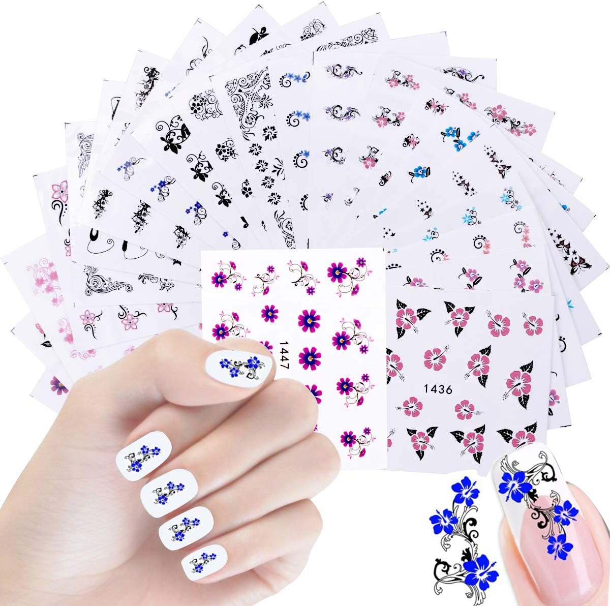 50 Sheets DIY Nail Art Stickers Decals, 3D Self-adhesive Nail Art Decoration Water Transfers Nail Tips Decals for Women Girls Ladies Gel Nails Art Design