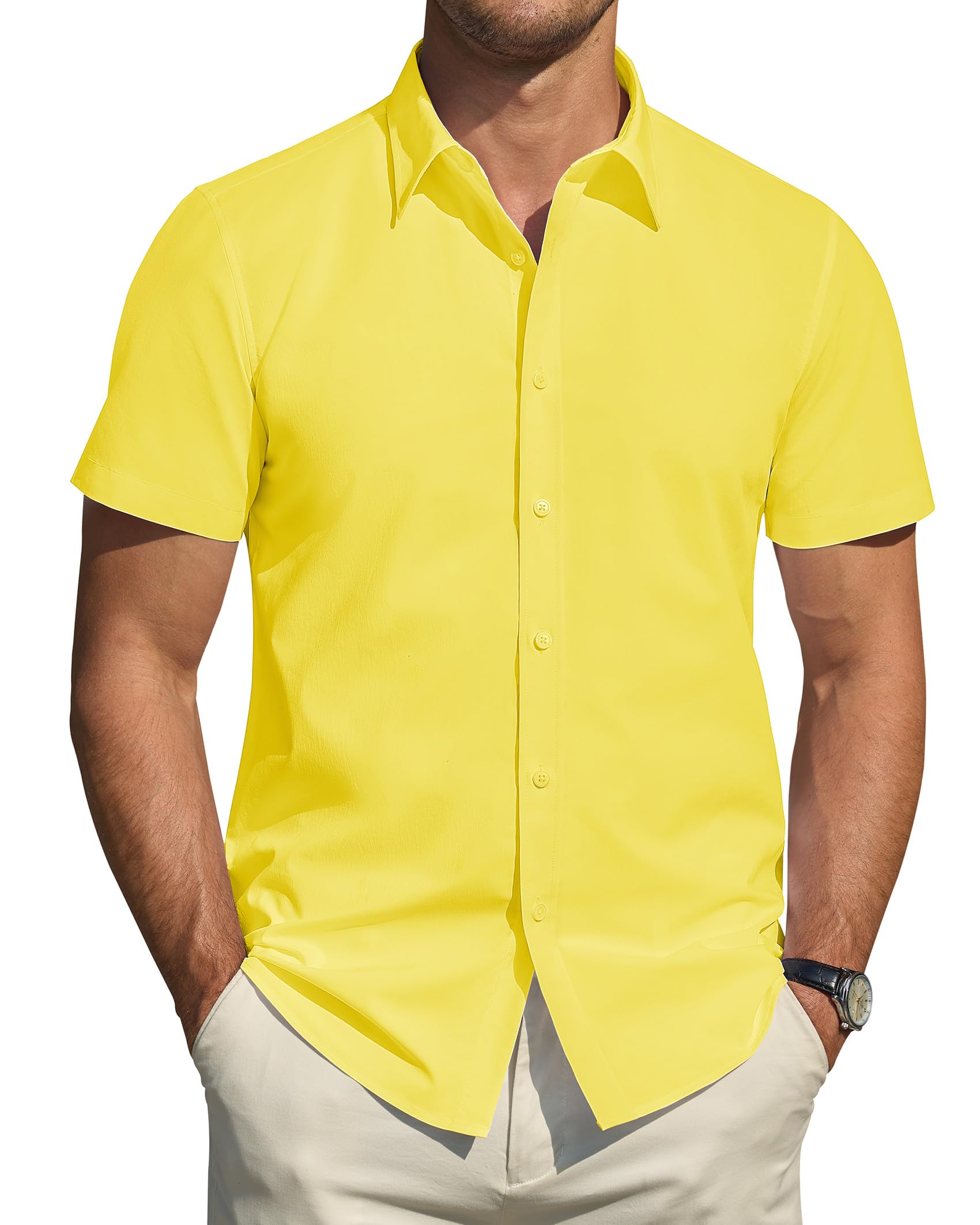 J.VER Men's Short Sleeve Dress Shirts Stretch Stain Shield Casual Button Down Shirts Solid Formal Shirt Small Lemon Yellow