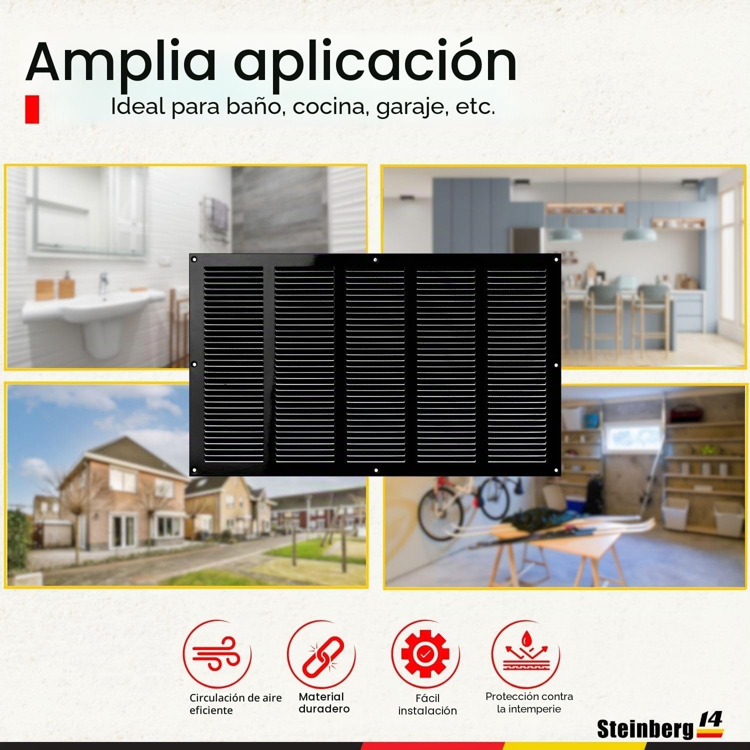 Negro 500x300 mm Rejilla de Ventilacion con Mosquitera, Metalica