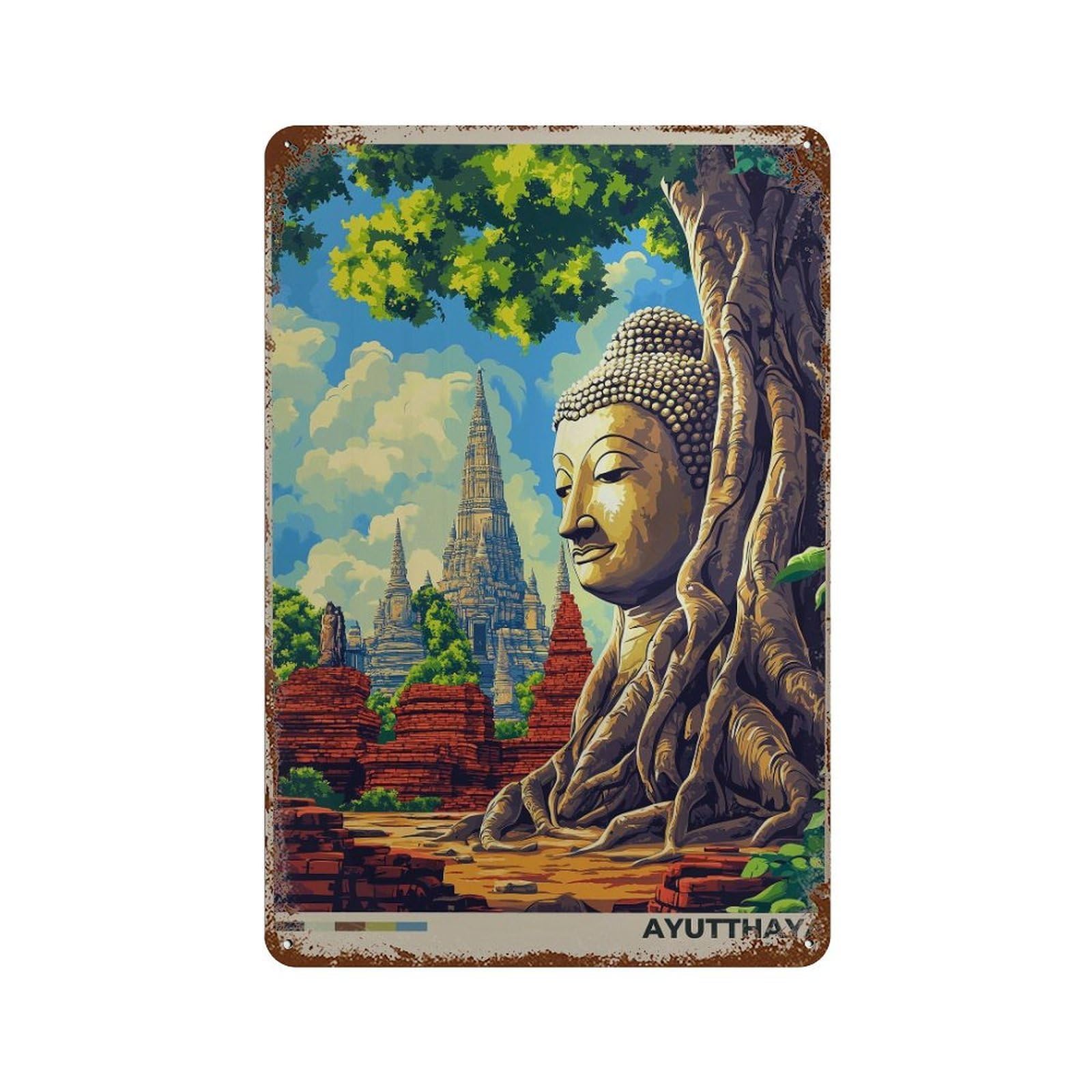 xiaoxiaoshen Ayutthaya Temple Thailand Travel Wall Decor Art Metal Tin Poster Modern Home Decor Art Home Bar Shop Decorations Vintage Sign 30x20cm