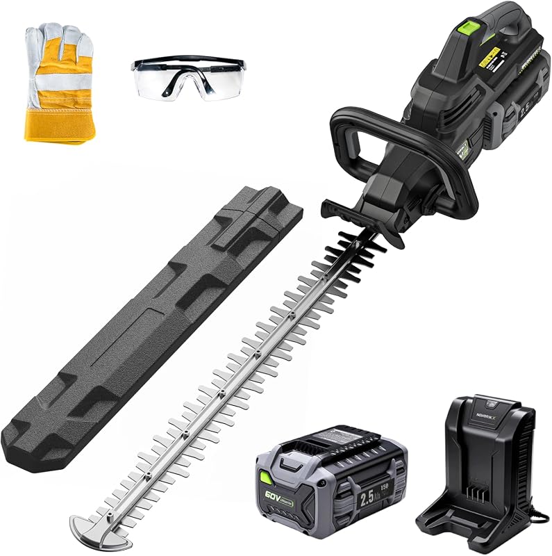 NovorikX 60V 26" Cordless Hedge Trimmer Electric Hedge Trimmer with 2.5Ah Battery, Dual-Action Blades, 3/4" Cutting Capacity, 3,000 SPM Blade Speed, Wrap-Around Handle, Lightweight Obsidian Black