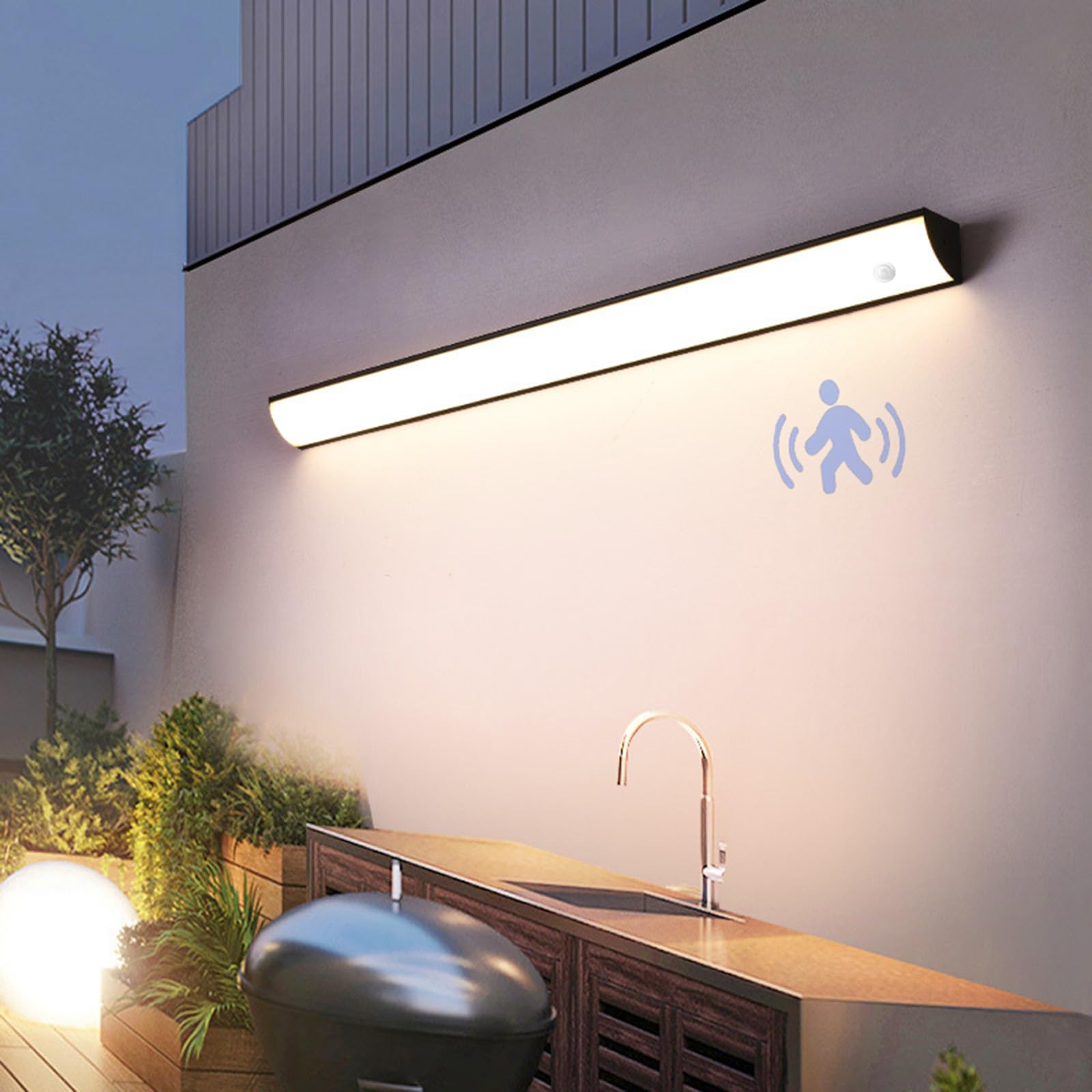 Outdoor Wall Light with Motion Sensor Long Bar Garden Wall Lighting IP65 Waterproof 3000K/4000K/6500K Outside/Indoor LED Wall Lamp Metal Modern for Porch Balcony Garage (Silver Natural Light,30cm)