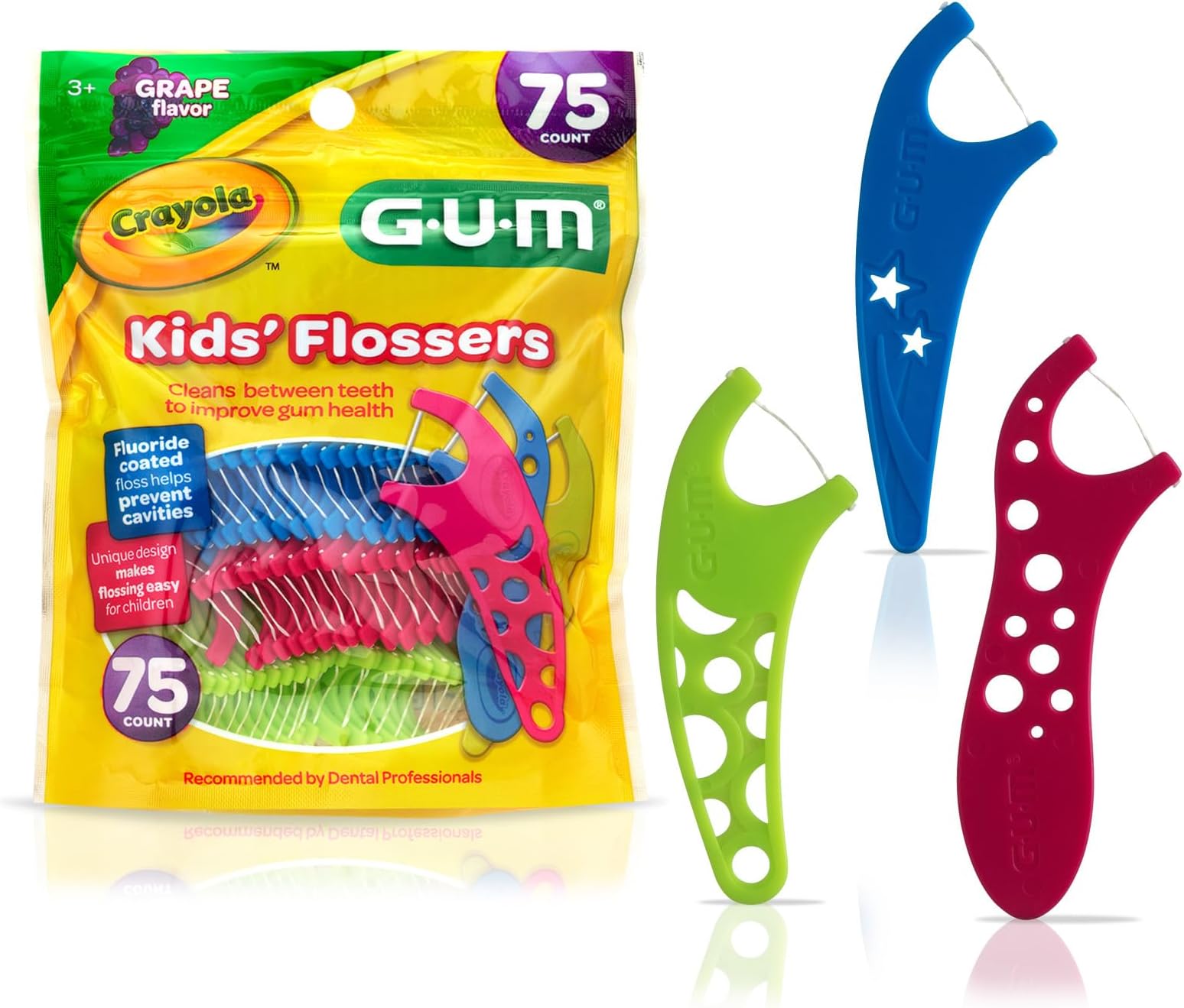 GUM-897 Crayola Kids' Flossers, Grape, Fluoride Coated, Ages 3+, 75 Count