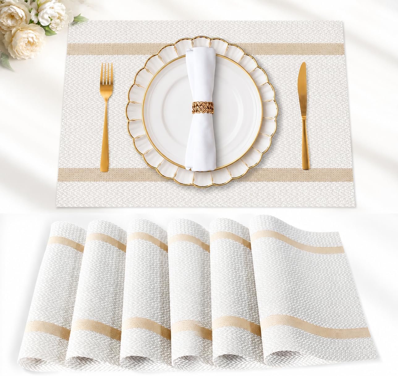 FAVE White Vinyl Placemats Set of 6 with Golden Threads | Durable Wipeable Table Mats for Wedding, Restaurant, Birthday Party Decor - 18x12 Inch Placemat for for Housewarming & Party
