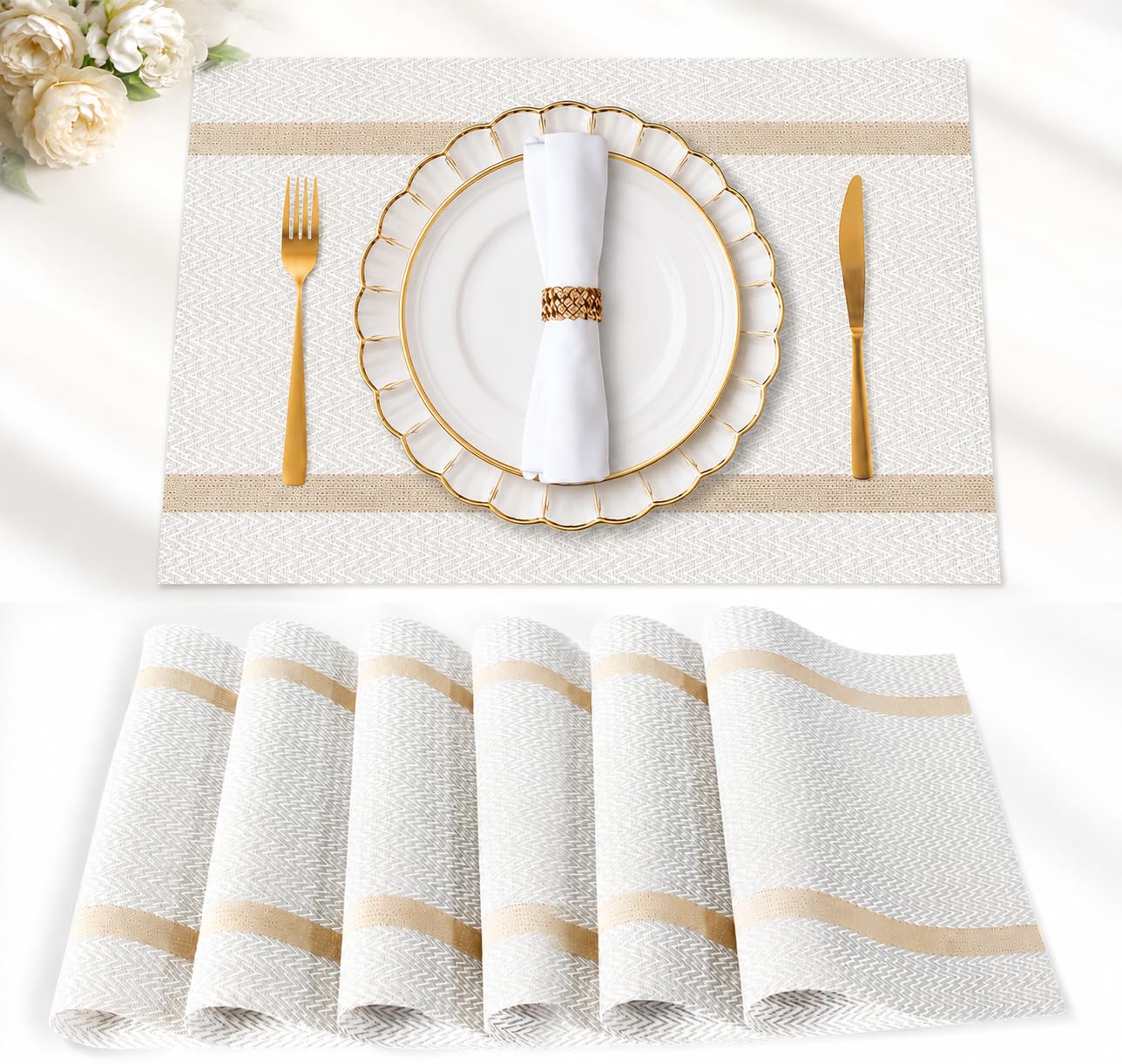 FAVE Vinyl Placemats Set of 4 with Golden Threads, White, 30 x 45 cm — image 1