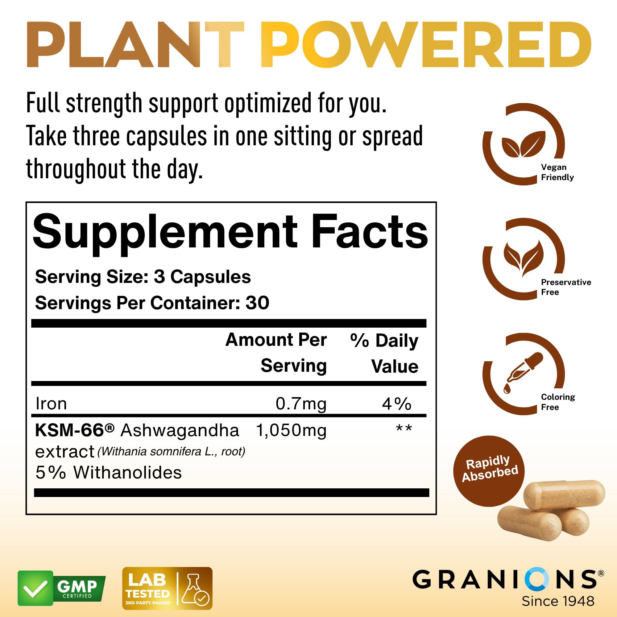 Granions KSM66 Ashwagandha Supplements - 1,050 mg, 5% Withanolides, Clinically Studied KSM-66 Root Extract Pills - Vegan Stress and Focus Support for Men and Women - 90 KSM 66 Ashwagandha Capsules — Amazon image 6