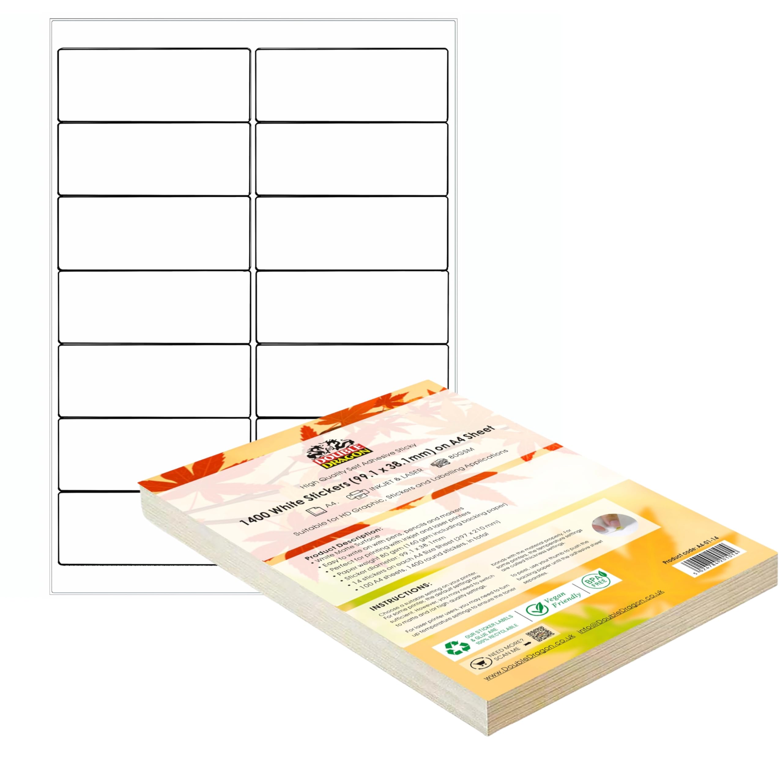 Double DragonA4 Self Adhesive Address Labels Sticker Paper, 14 Label Per Sheet, 100 Sheets, 99.1 x 38.1mm (1400 Labels)