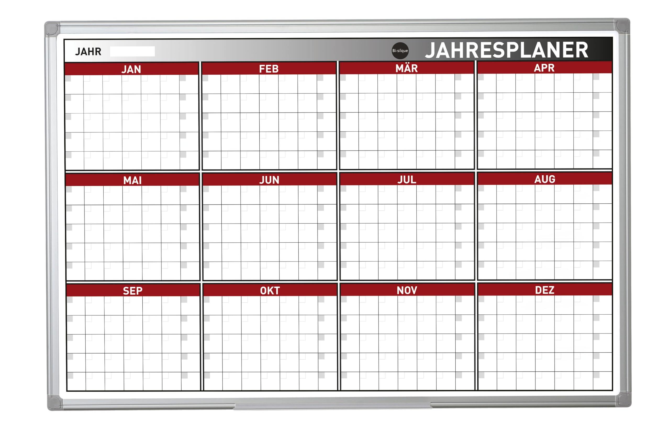Bi-Office Earth - Umweltfreundliches Planungstafel, Magnetischer Jahresplaner mit 12 Monaten, mit Aluminiumrahmen, Trocken Abwischbar Jahreskalender, 90 x 60 cm