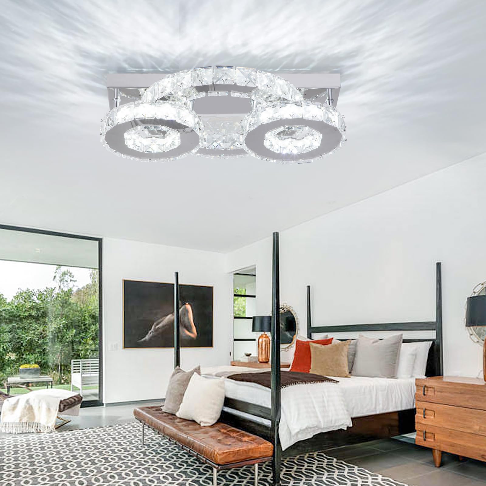 Zenouidle LED Crystal Ceiling Light 3 Rings Crystal Chandelier Modern Flush Mount Ceiling Light Fixture for Bedroom Dining Room Living Room (Cool White)