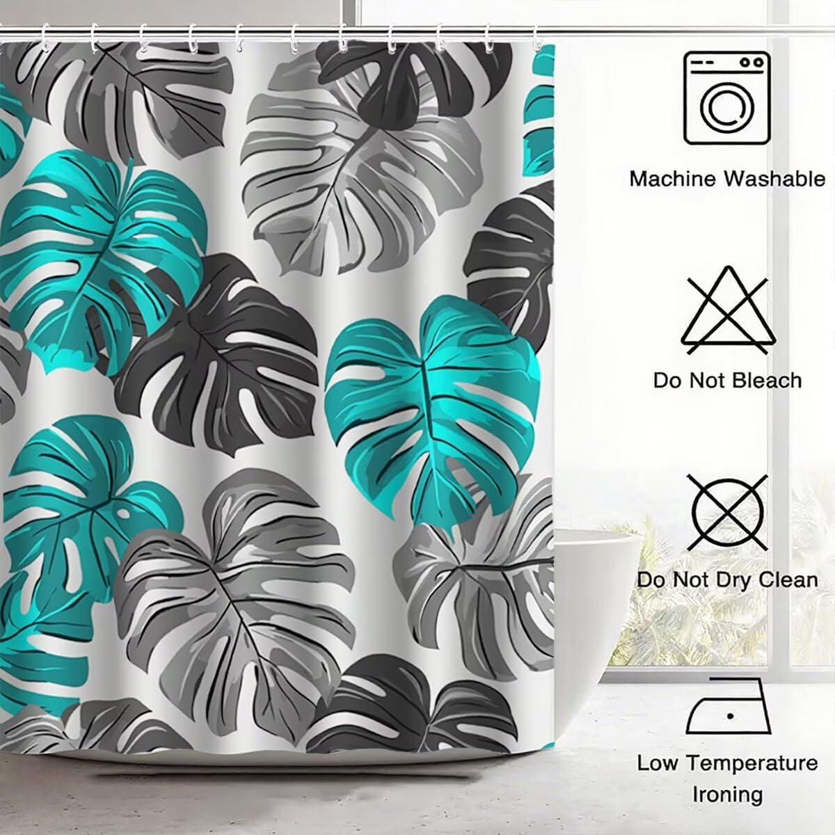 Grau Duschvorhang 240x200, Duschrollo mit 12 Duschvorhang Haken, Blatt Shower Curtains Beschwerter Saum, Waschbar Polyester Stoff Wasserdicht Extra Lang für Badewanne Badezimmer Deko, Geschenke -3281